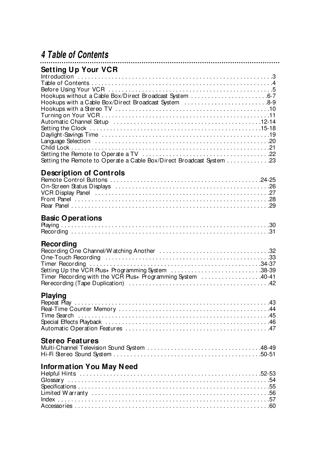 Philips VRA633AT owner manual Table of Contents 