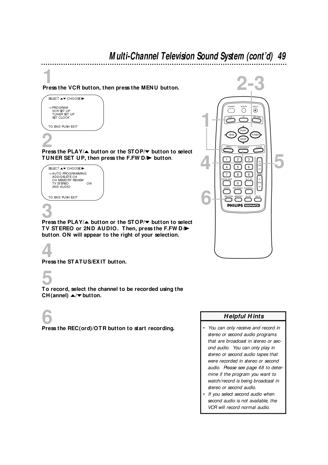 Philips VRA633AT owner manual Multi-Channel Television Sound System cont’d 