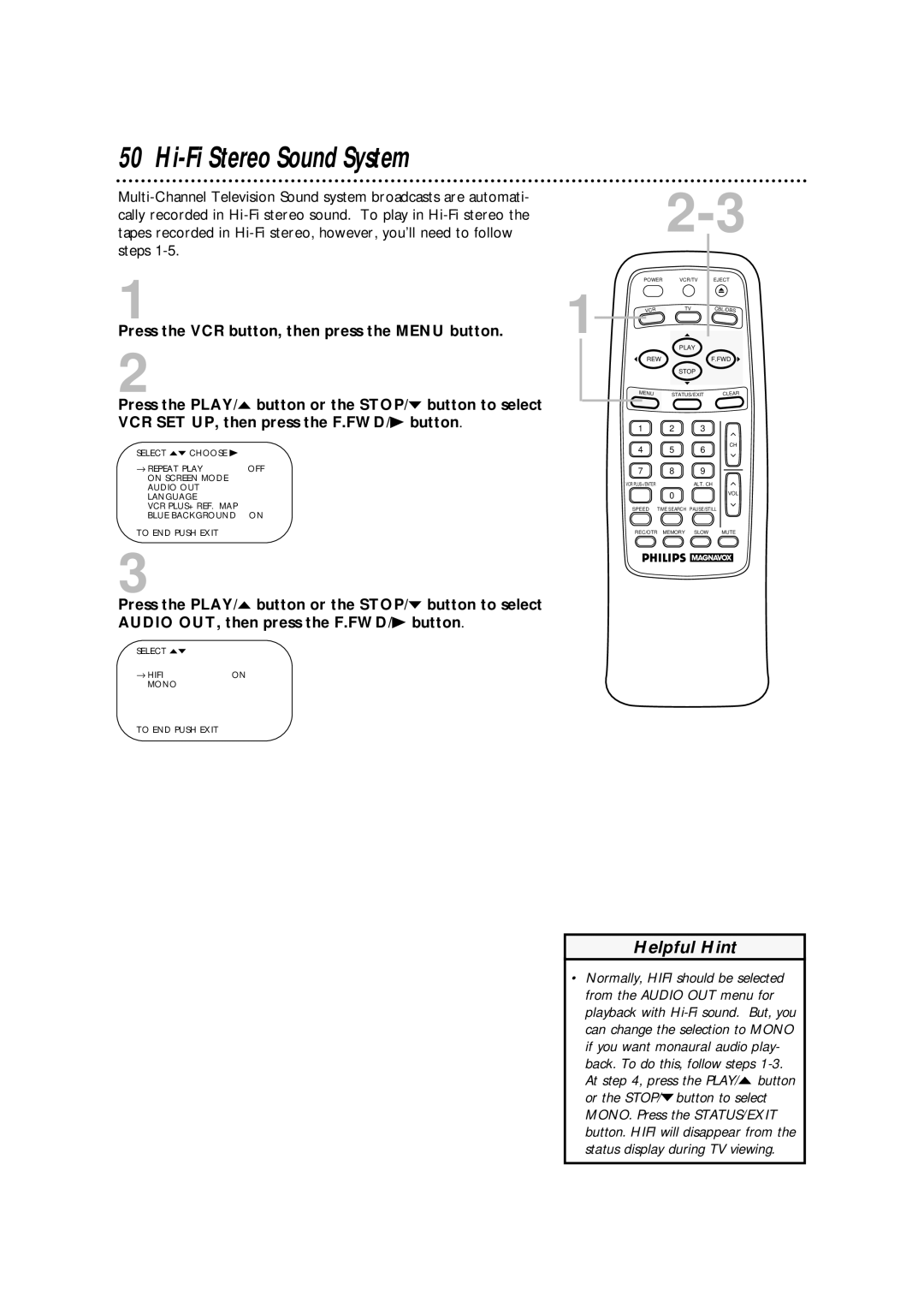 Philips VRA633AT owner manual Hi-Fi Stereo Sound System, → Hifi Mono To END Push Exit 