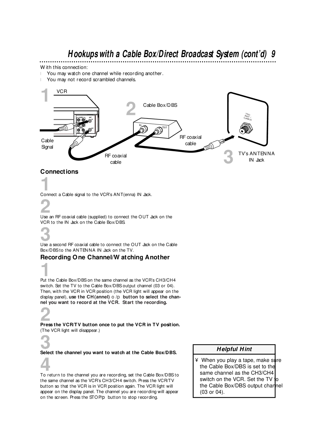 Philips VRA633AT owner manual Recording One Channel/Watching Another, Cable Box/DBS, TV’s Antenna 