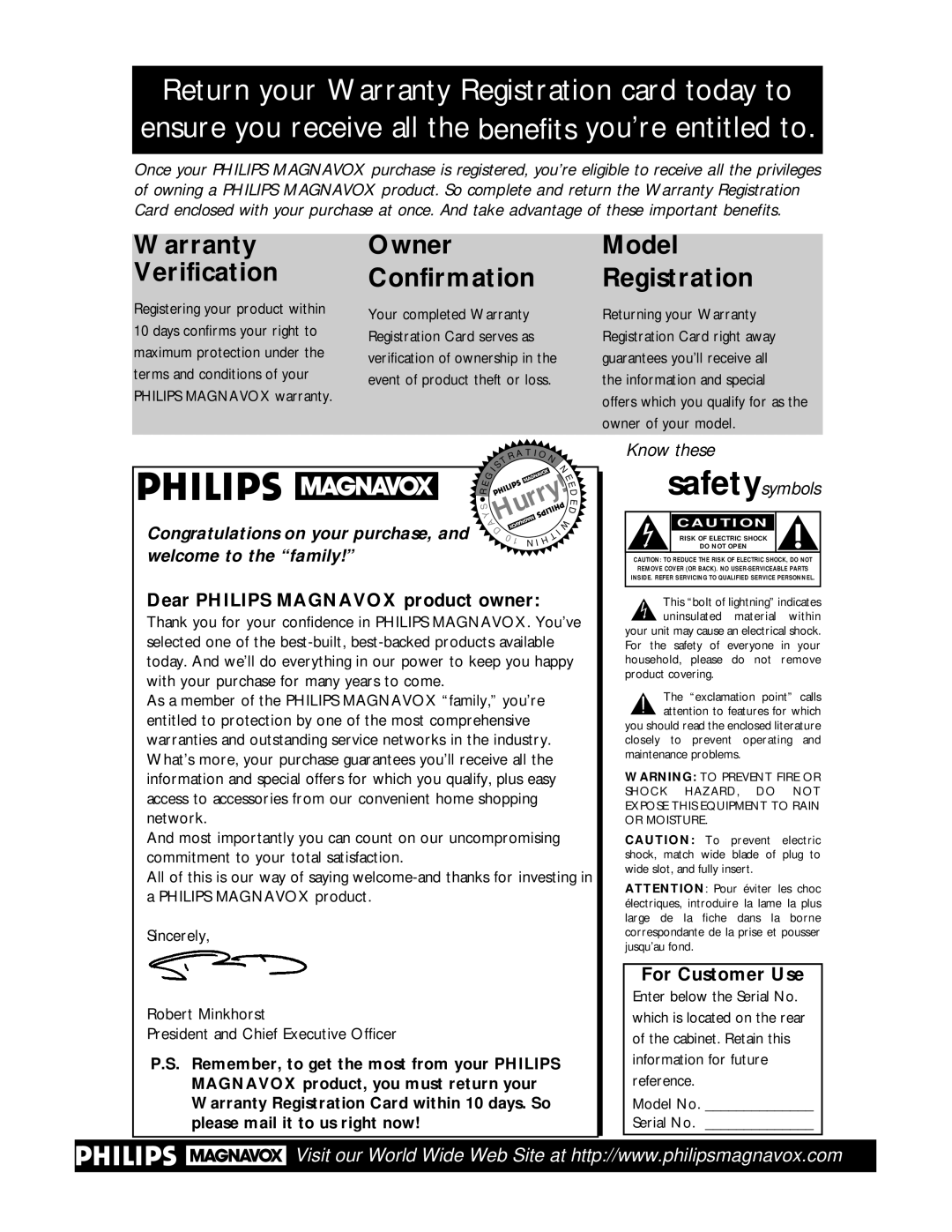 Philips VRA641AT owner manual Dear Philips Magnavox product owner, For Customer Use 