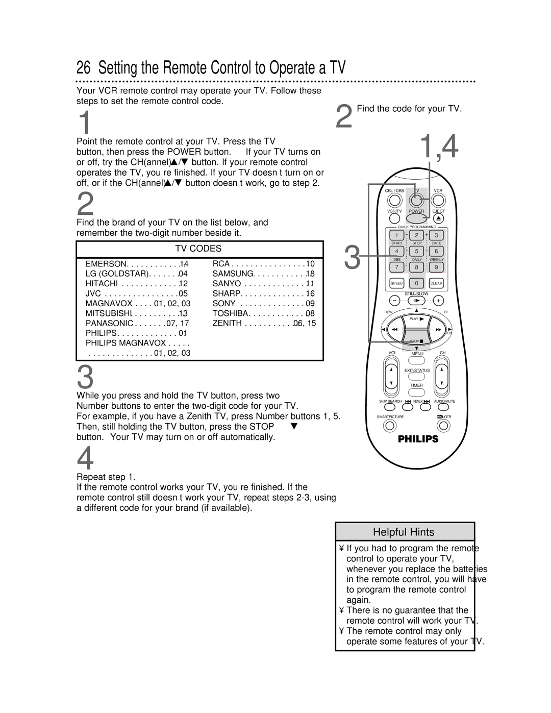 Philips VRA641AT owner manual Setting the Remote Control to Operate a TV, TV Codes 