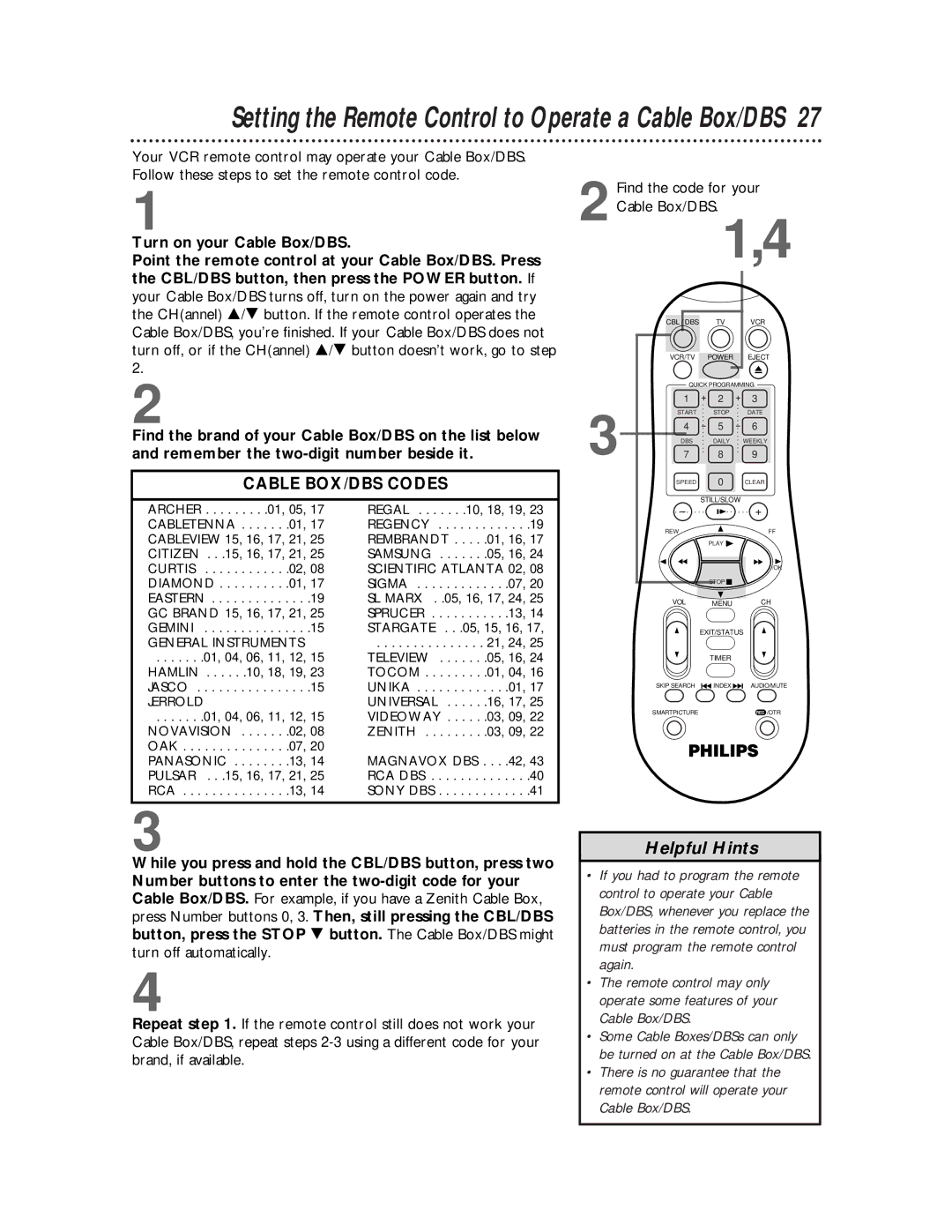 Philips VRA641AT owner manual Setting the Remote Control to Operate a Cable Box/DBS 