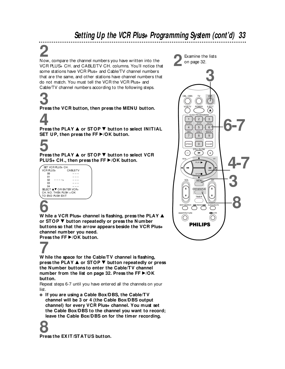 Philips VRA641AT owner manual Setting Up the VCR Plus+ Programming System cont’d, Examine the lists 2on 