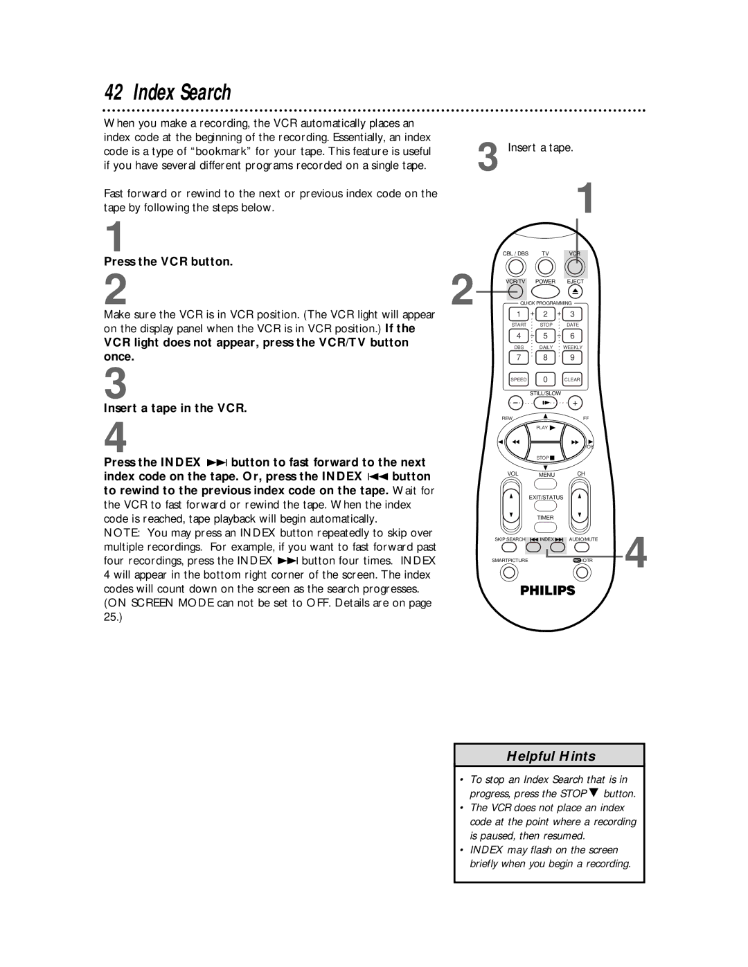 Philips VRA641AT owner manual Index Search, Press the VCR button 