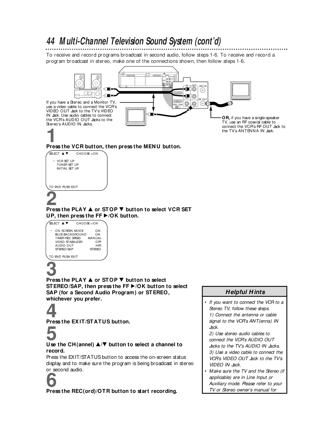 Philips VRA641AT owner manual Multi-Channel Television Sound System cont’d, Press the RECord/OTR button to start recording 