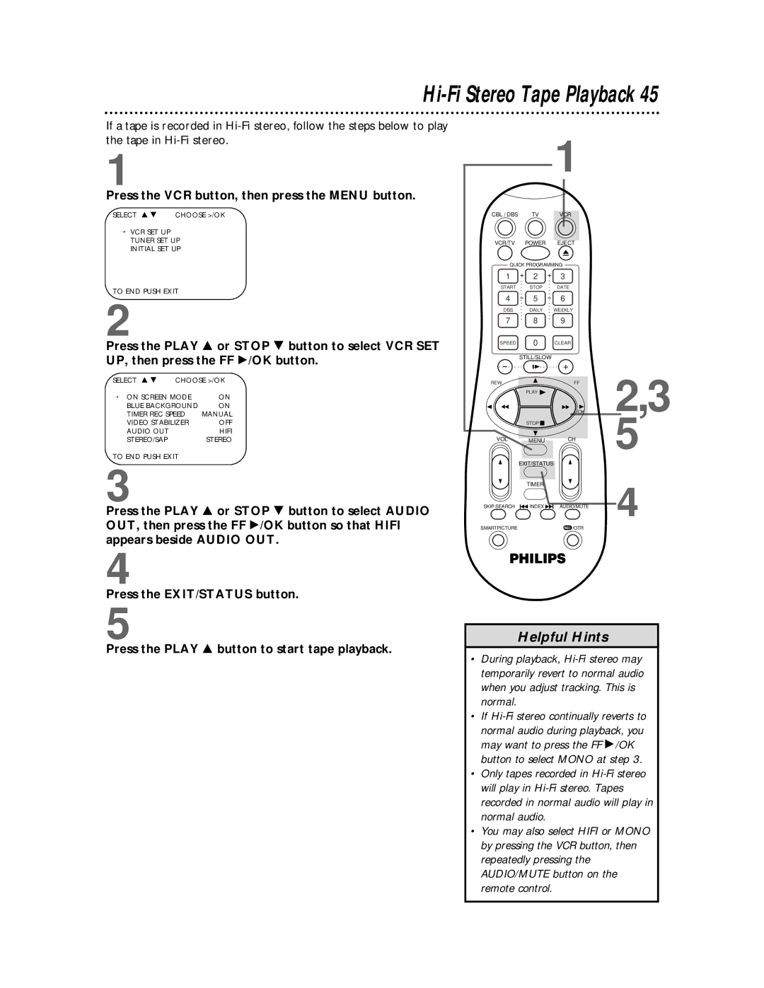 Philips VRA641AT owner manual Hi-Fi Stereo Tape Playback 