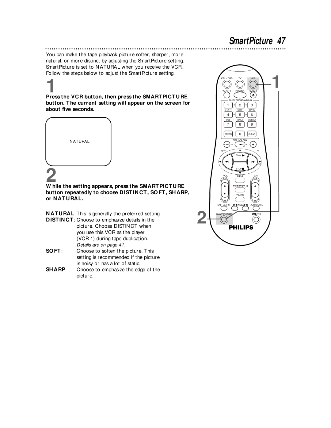 Philips VRA641AT owner manual SmartPicture, Natural This is generally the preferred setting 