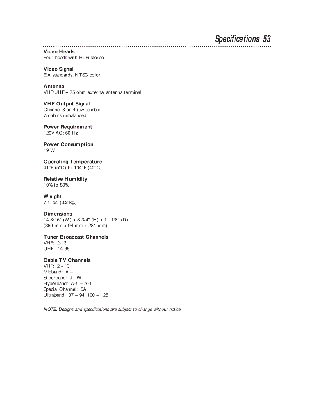 Philips VRA641AT owner manual Specifications 