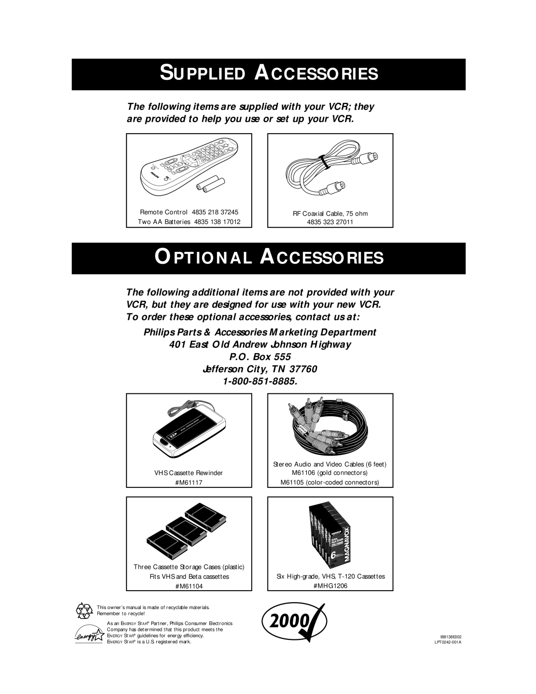 Philips VRA641AT owner manual Supplied Accessories 