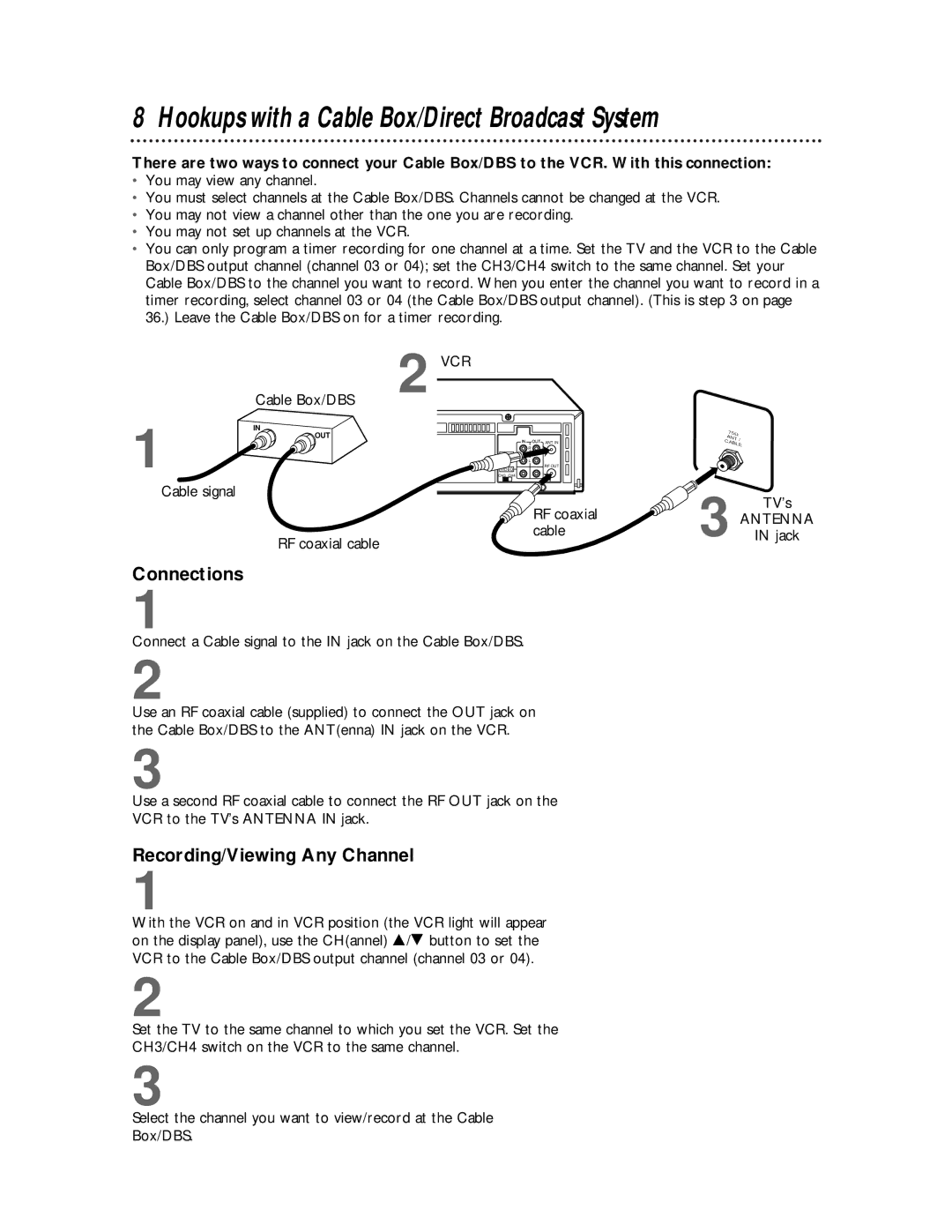 Philips VRA641AT owner manual Hookups with a Cable Box/Direct Broadcast System, Connections, Recording/Viewing Any Channel 