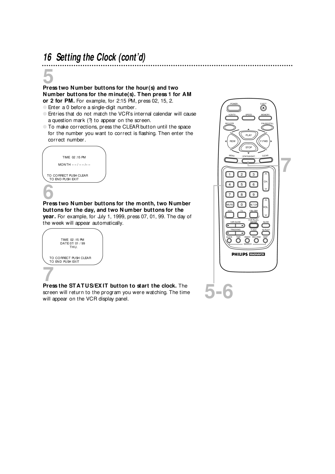 Philips VRA670AT owner manual Setting the Clock cont’d 