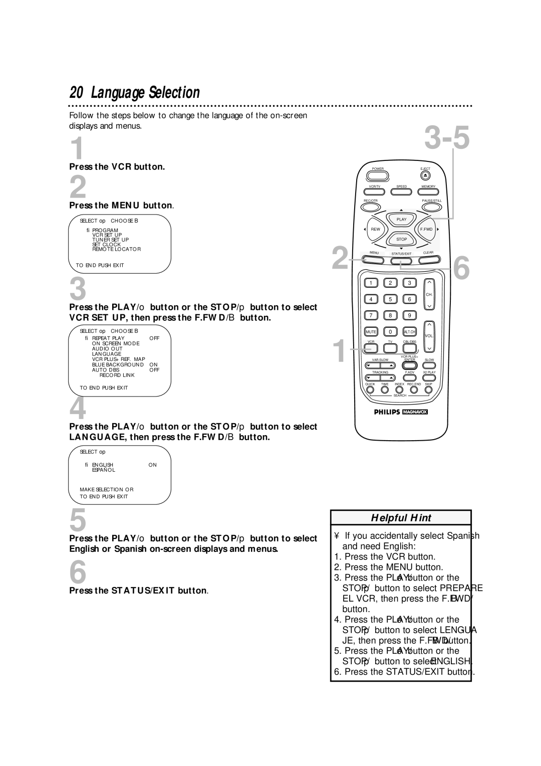 Philips VRA670AT owner manual Language Selection 