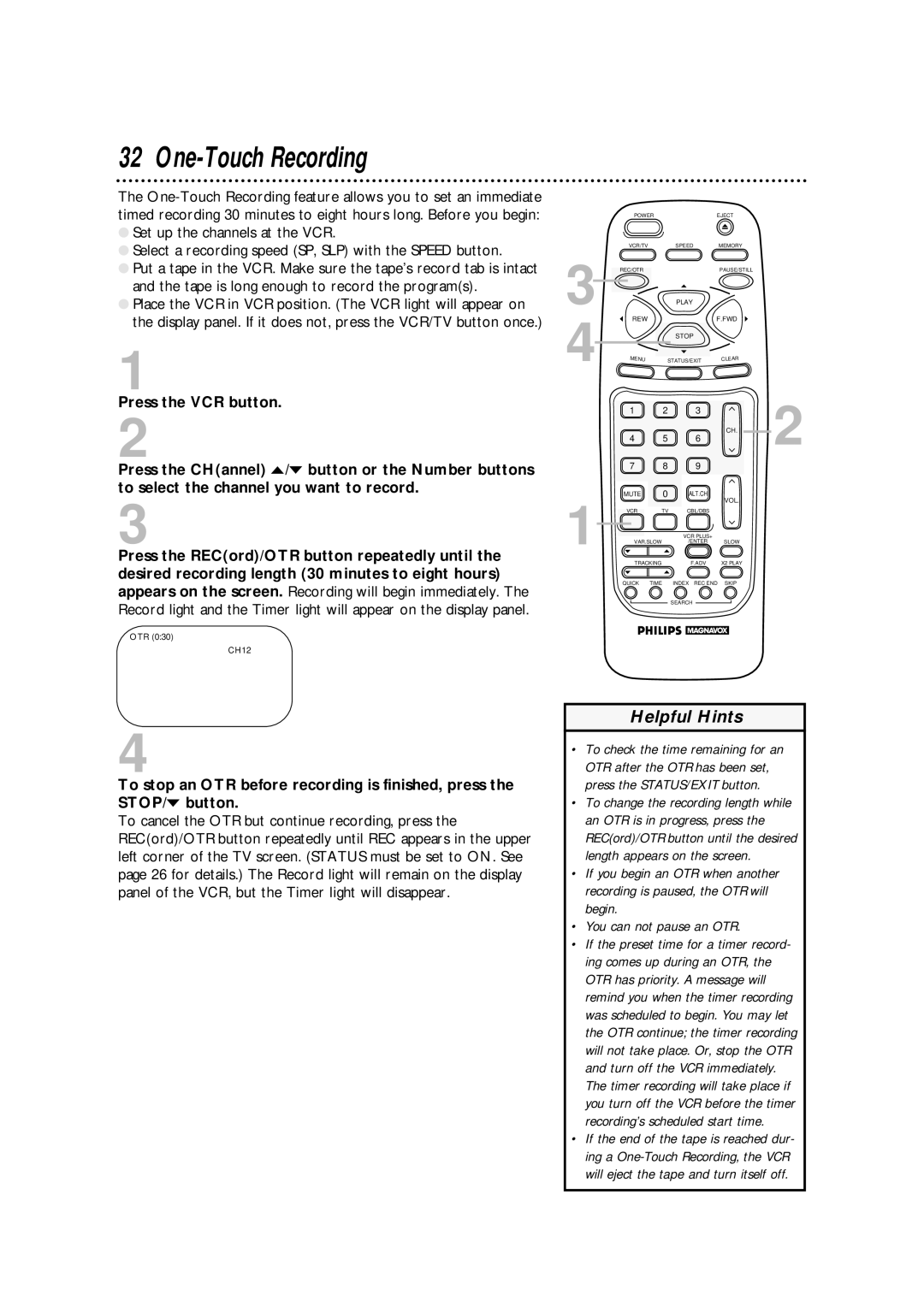 Philips VRA670AT owner manual One-Touch Recording, OTR CH12 