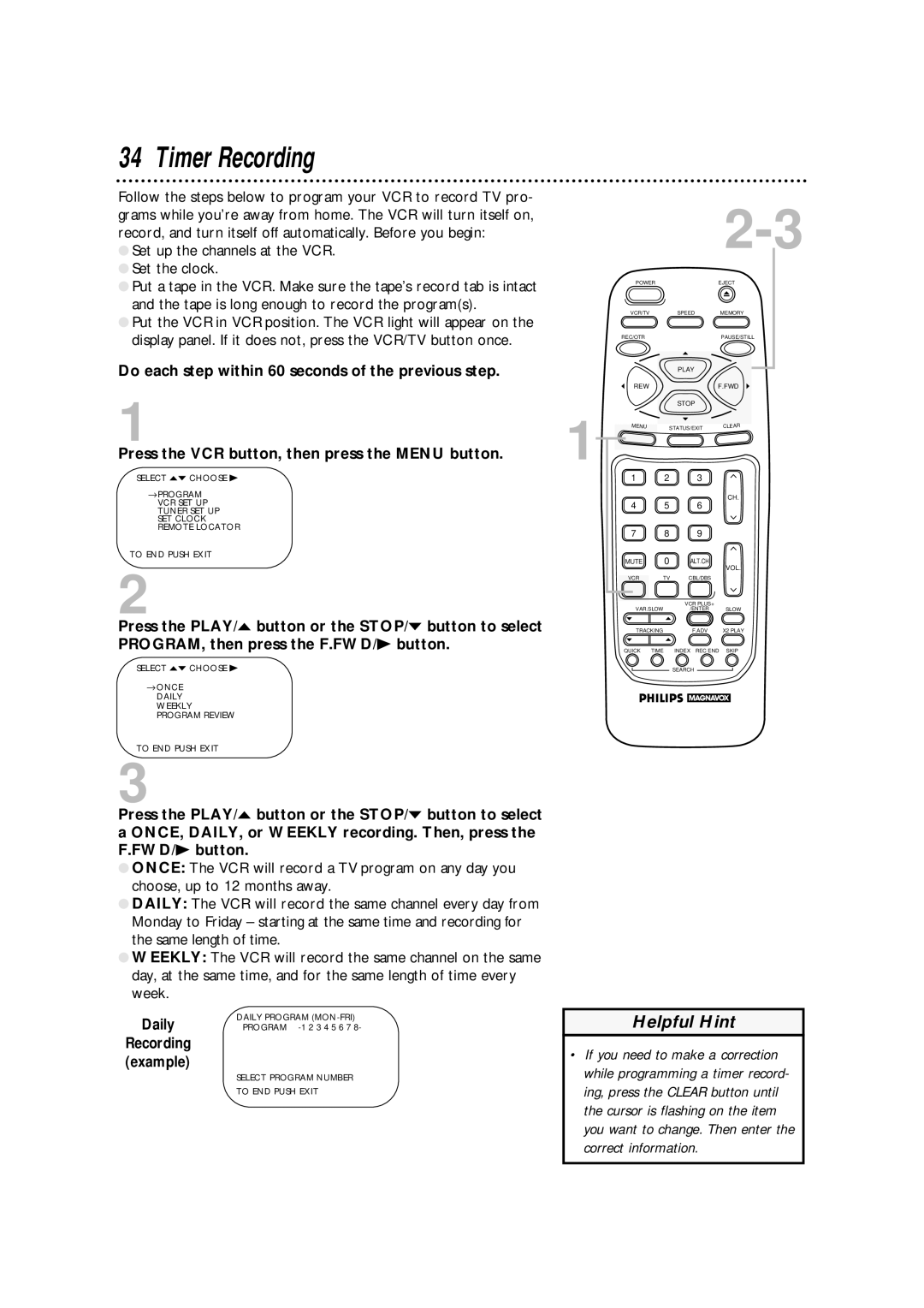 Philips VRA670AT owner manual Timer Recording, Daily 