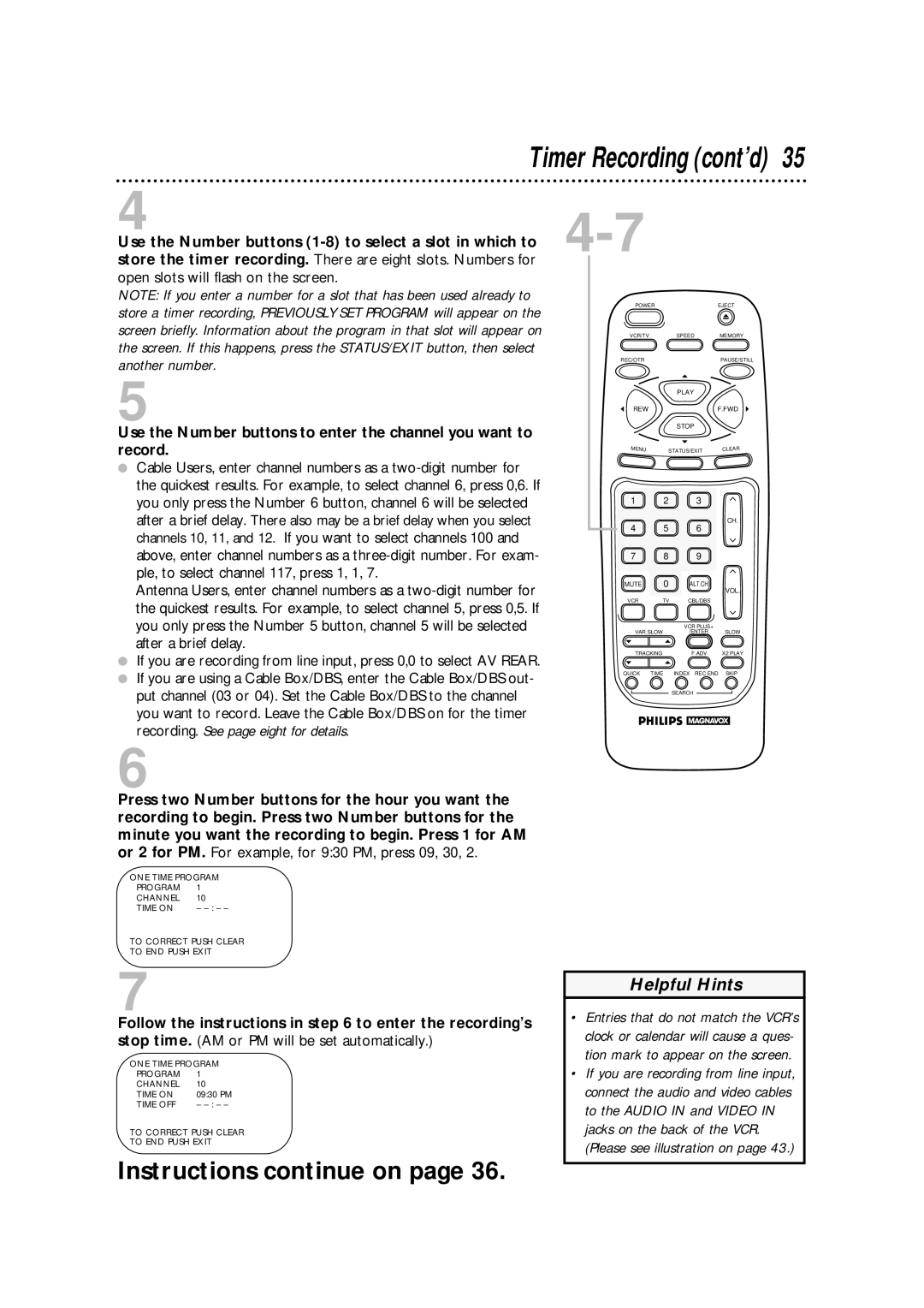 Philips VRA670AT owner manual Timer Recording cont’d 