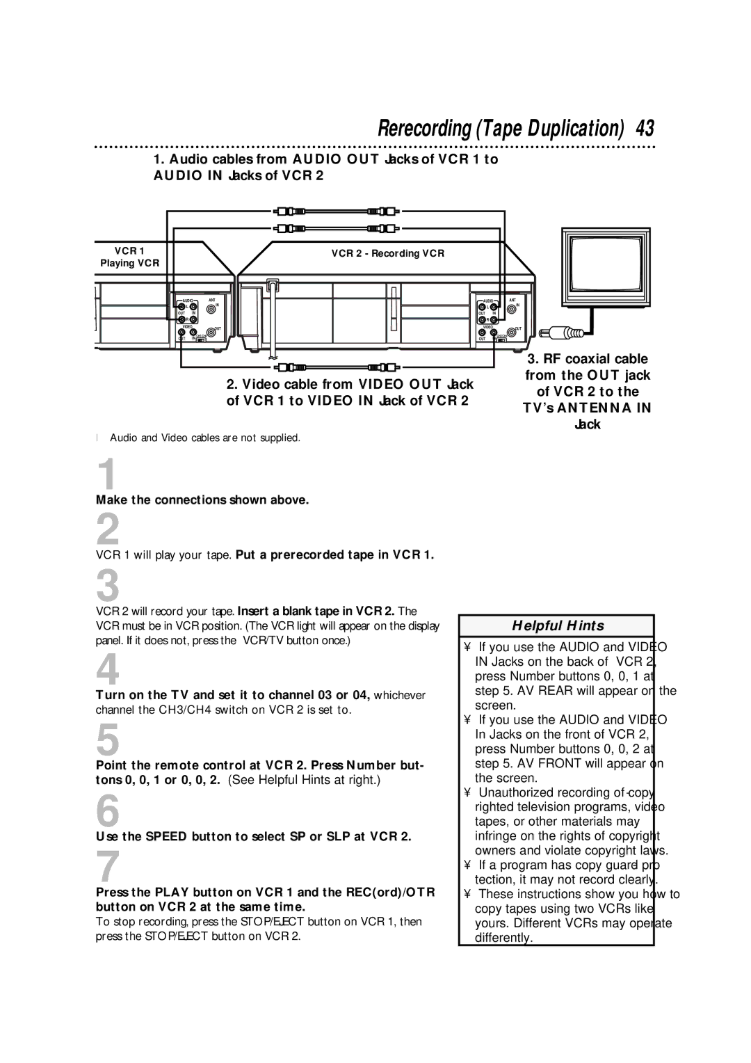 Philips VRA670AT owner manual Rerecording Tape Duplication, RF coaxial cable 