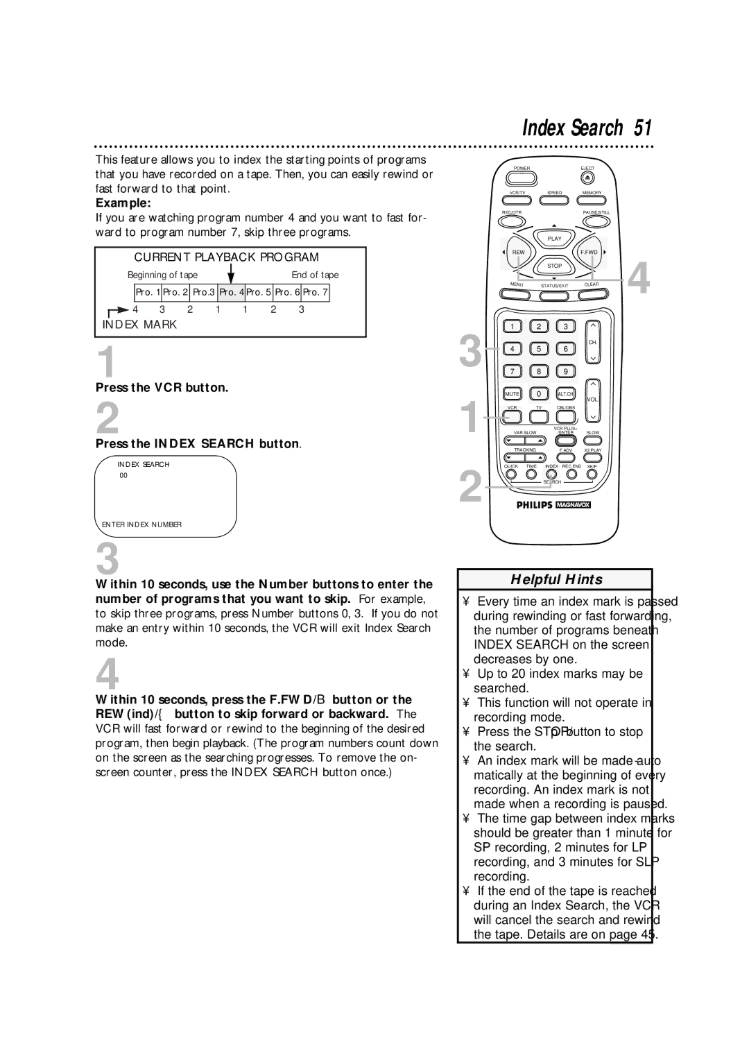 Philips VRA670AT owner manual Example, Press the VCR button Press the Index Search button 