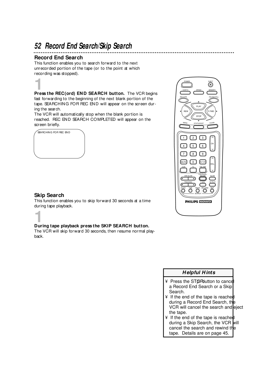 Philips VRA670AT owner manual Record End Search, Skip Search 