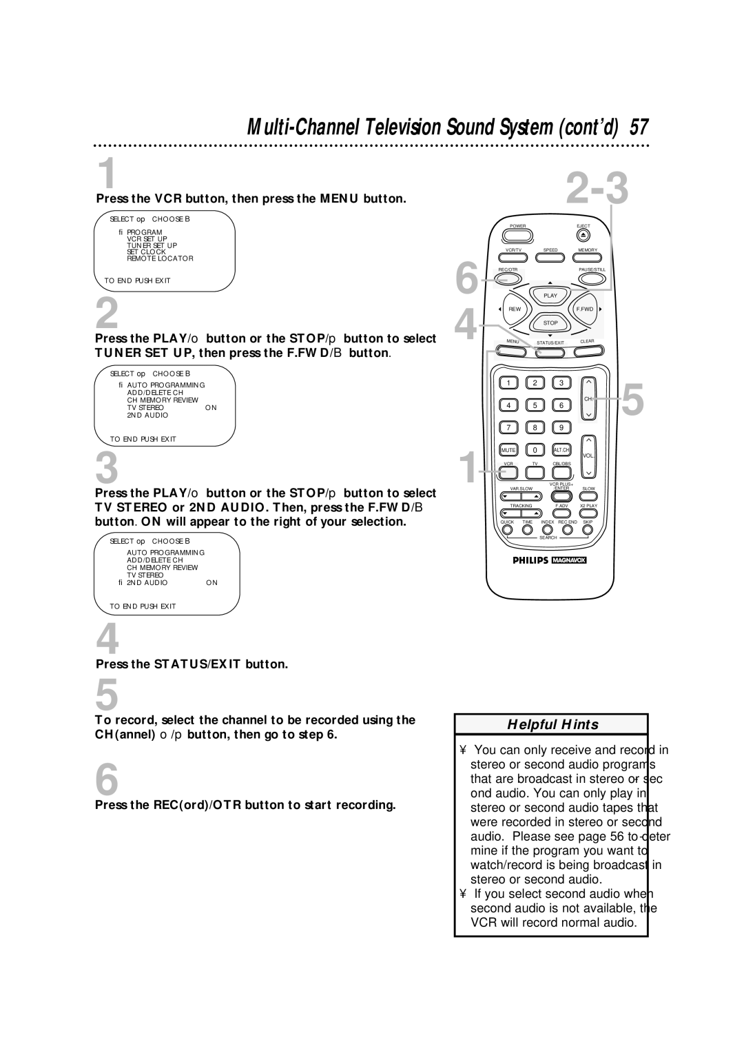 Philips VRA670AT owner manual Multi-Channel Television Sound System cont’d 