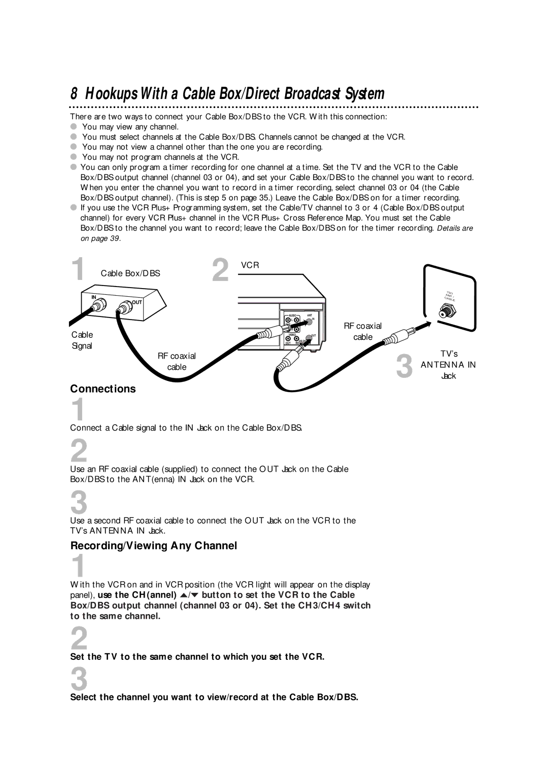 Philips VRA670AT owner manual Hookups With a Cable Box/Direct Broadcast System, Connections, Recording/Viewing Any Channel 