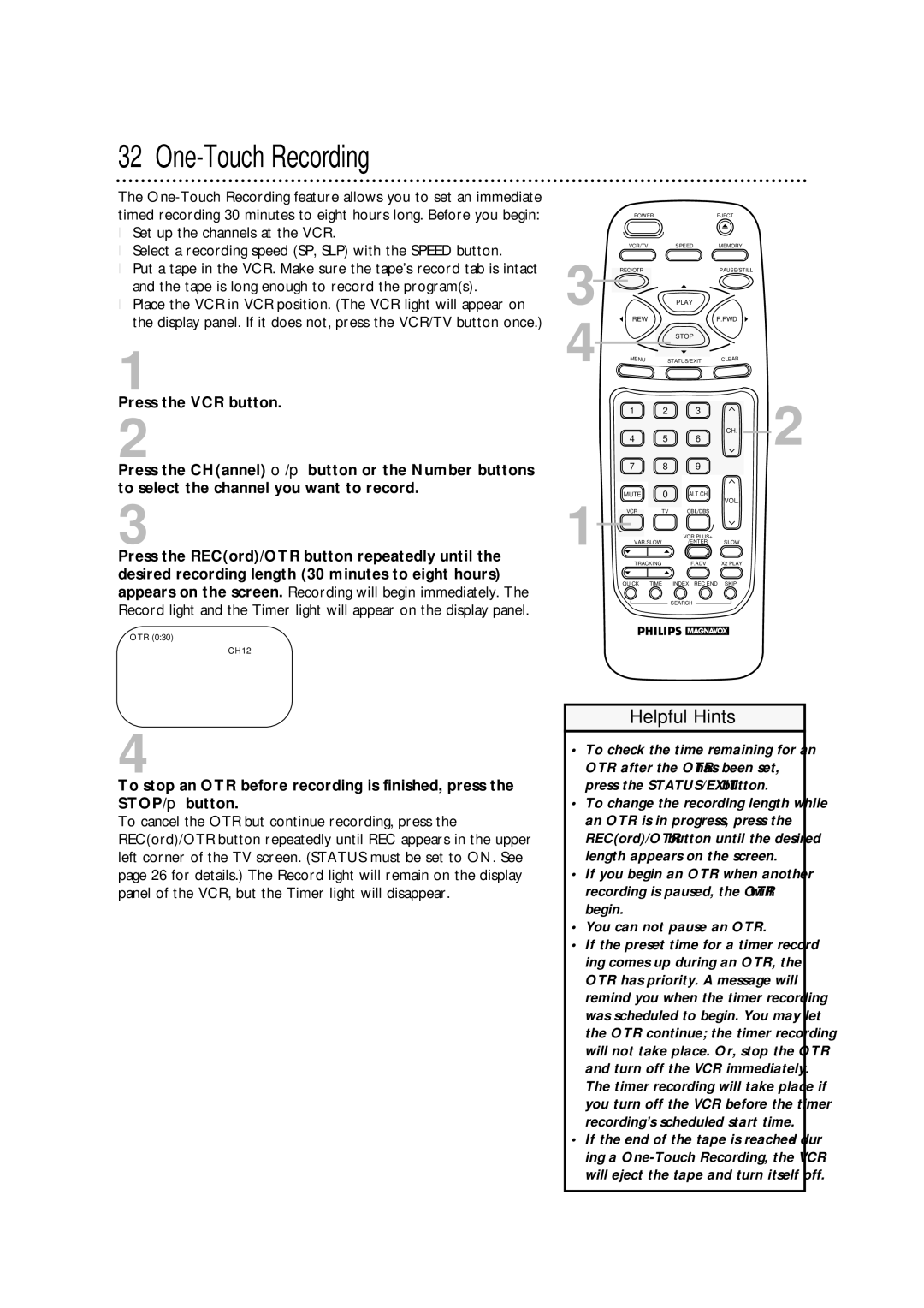 Philips VRA671AT owner manual One-Touch Recording, OTR CH12 