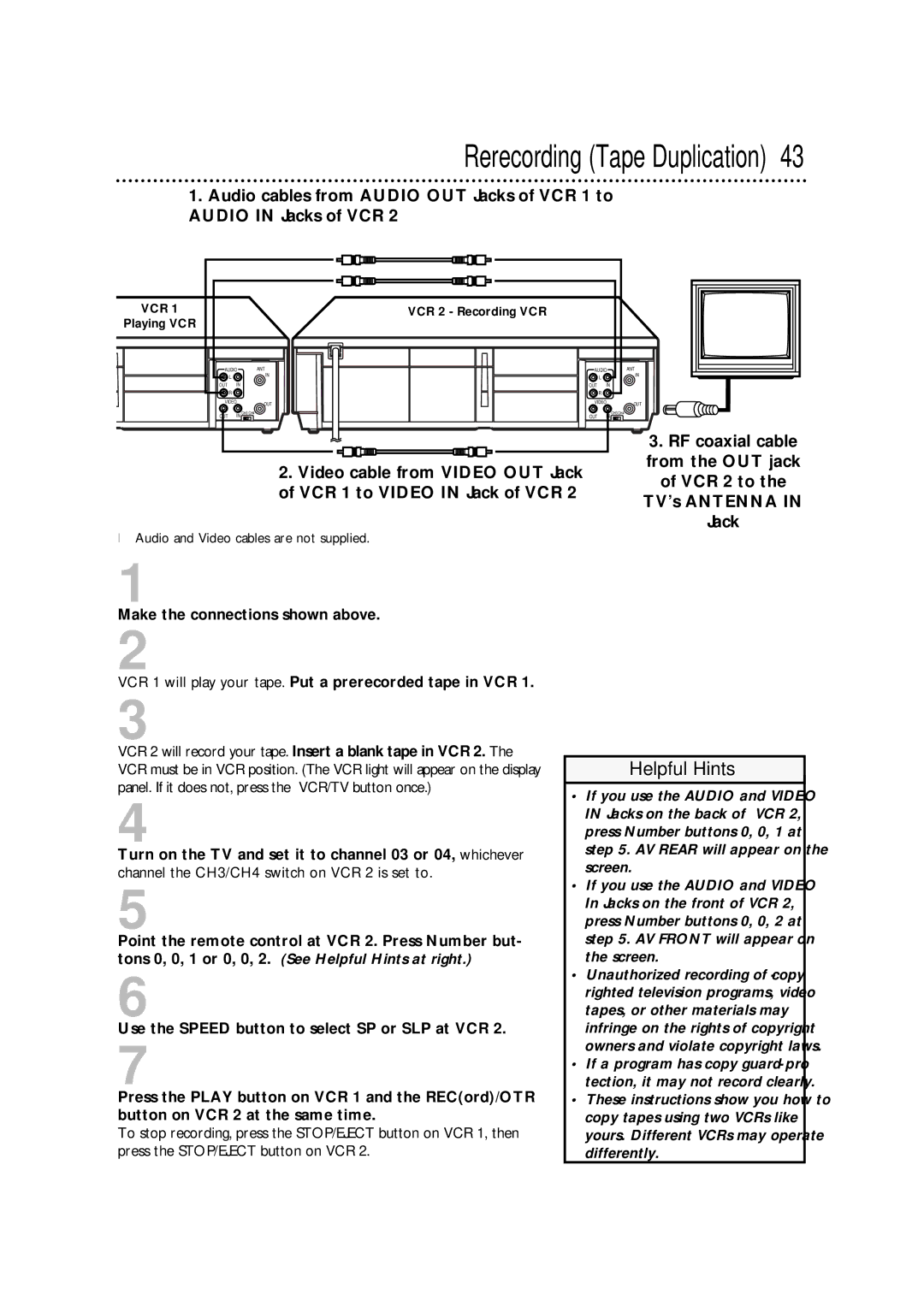 Philips VRA671AT owner manual Rerecording Tape Duplication, RF coaxial cable 