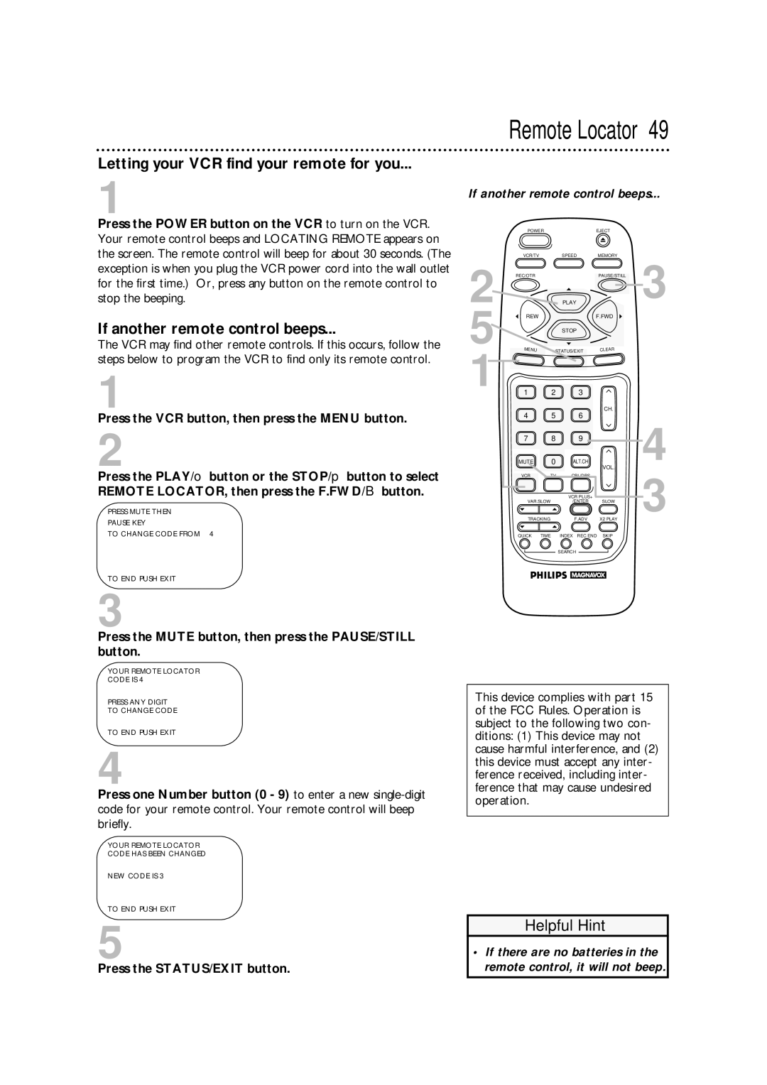 Philips VRA671AT owner manual Letting your VCR find your remote for you, If another remote control beeps 