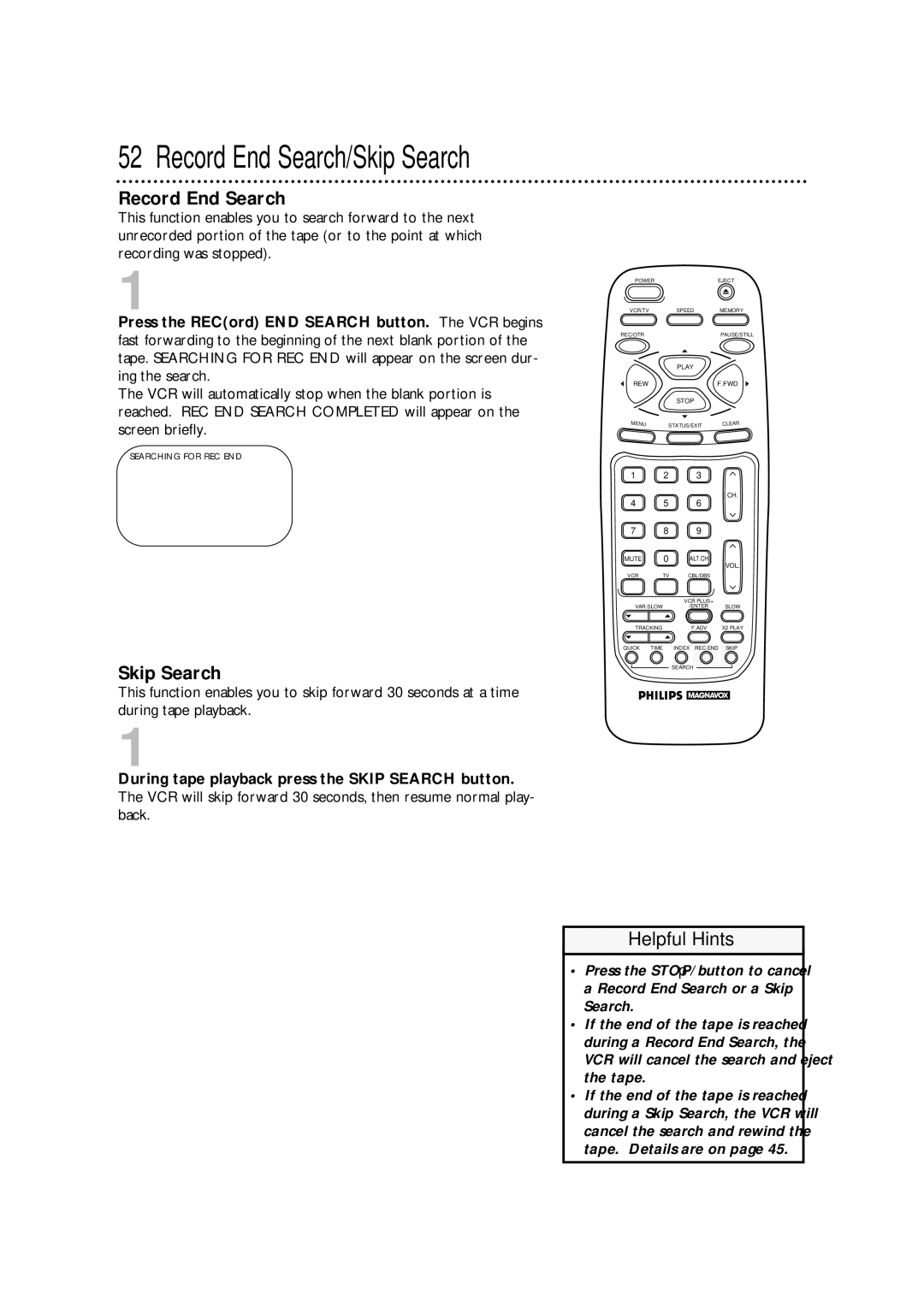 Philips VRA671AT owner manual Record End Search, Skip Search 