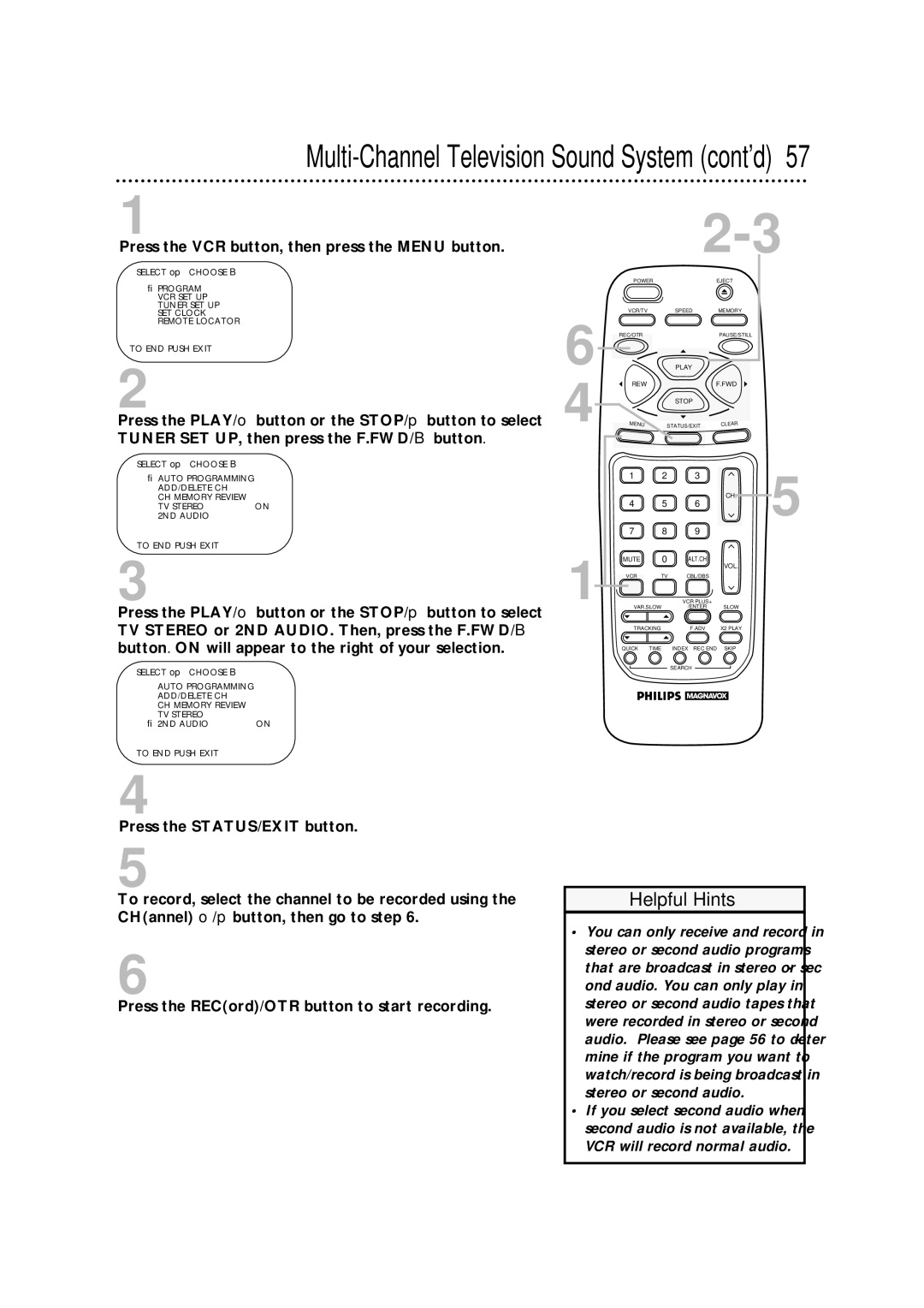 Philips VRA671AT owner manual Multi-Channel Television Sound System cont’d 