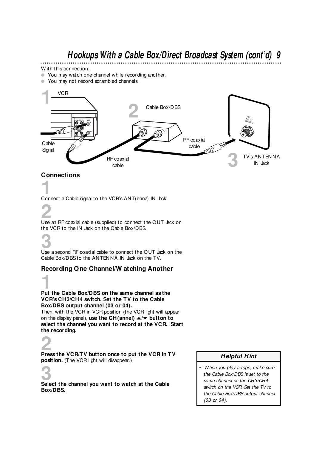 Philips VRA671AT owner manual Recording One Channel/Watching Another, Cable Signal Cable Box/DBS, TV’s Antenna 