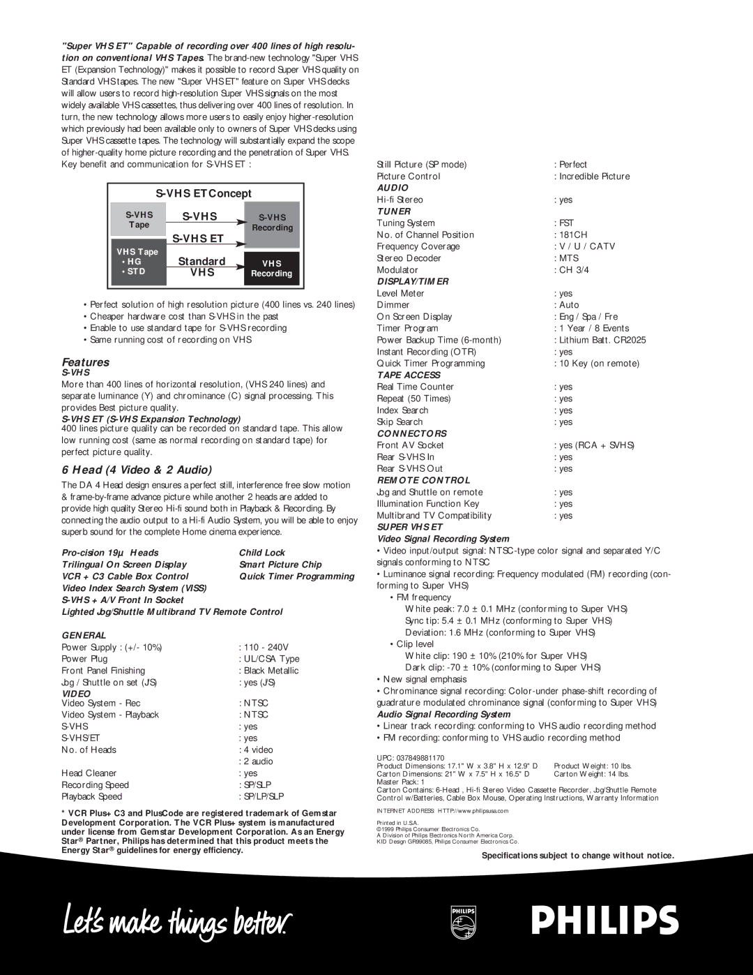 Philips VRA999PH manual Features, Head 4 Video & 2 Audio 