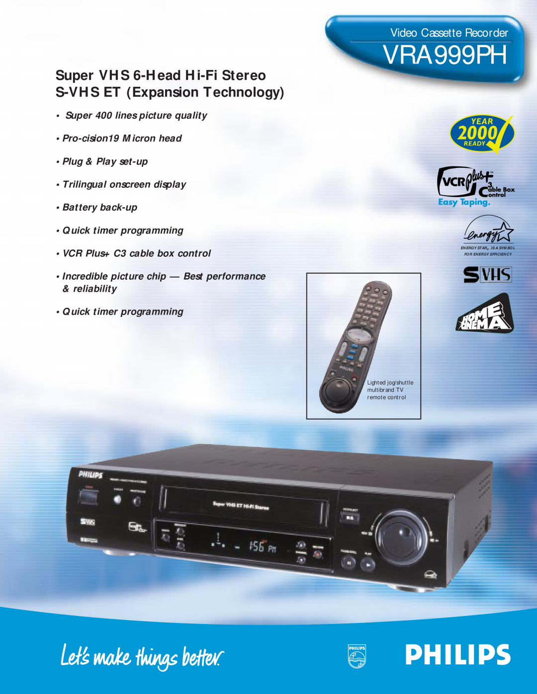 Philips VRA999PH manual Video Cassette Recorder, Super VHS 6-Head Hi-Fi Stereo S-VHS ET Expansion Technology 
