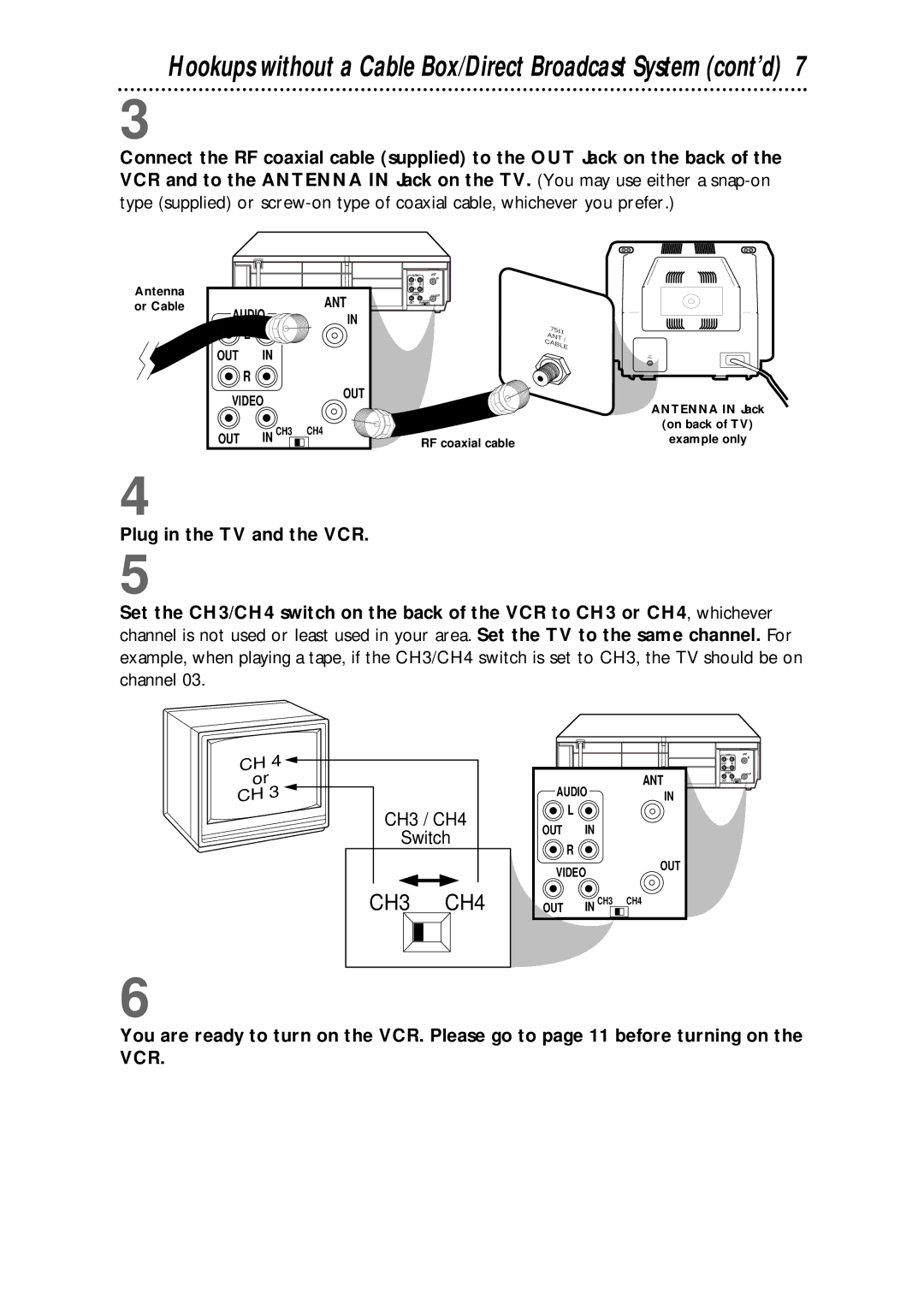 Philips VRB411AT warranty Hookups without a Cable Box/Direct Broadcast System cont’d, Plug in the TV and the VCR 