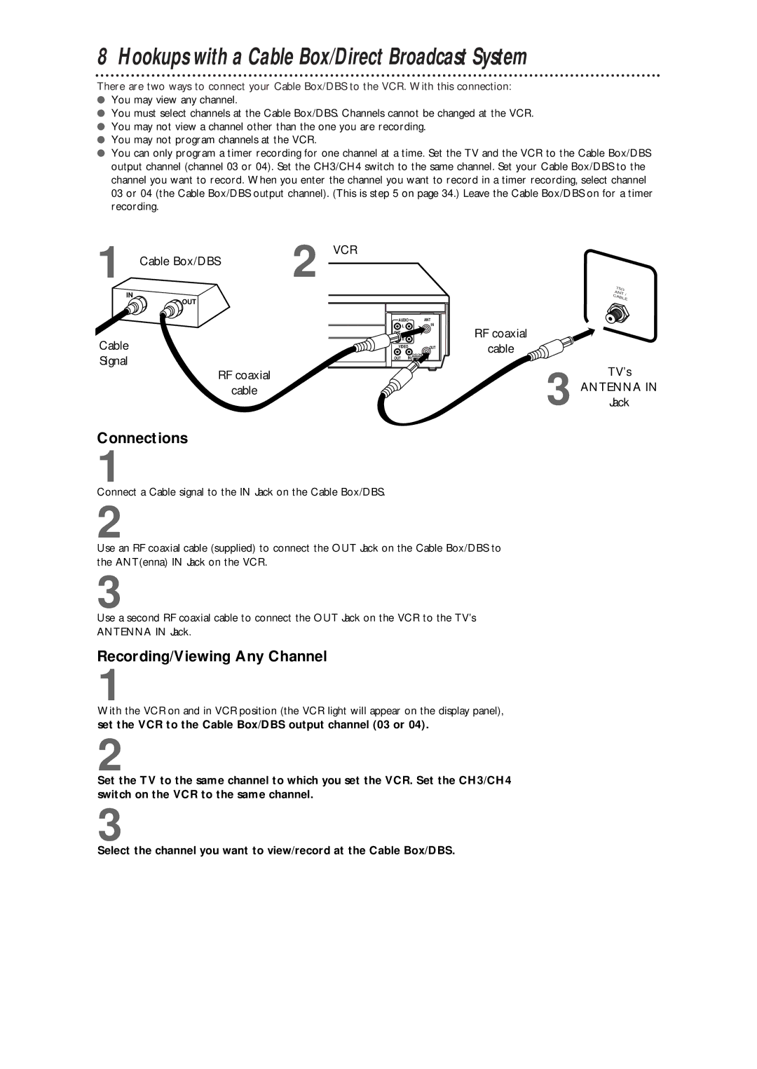 Philips VRB411AT warranty Hookups with a Cable Box/Direct Broadcast System, Connections, Recording/Viewing Any Channel 
