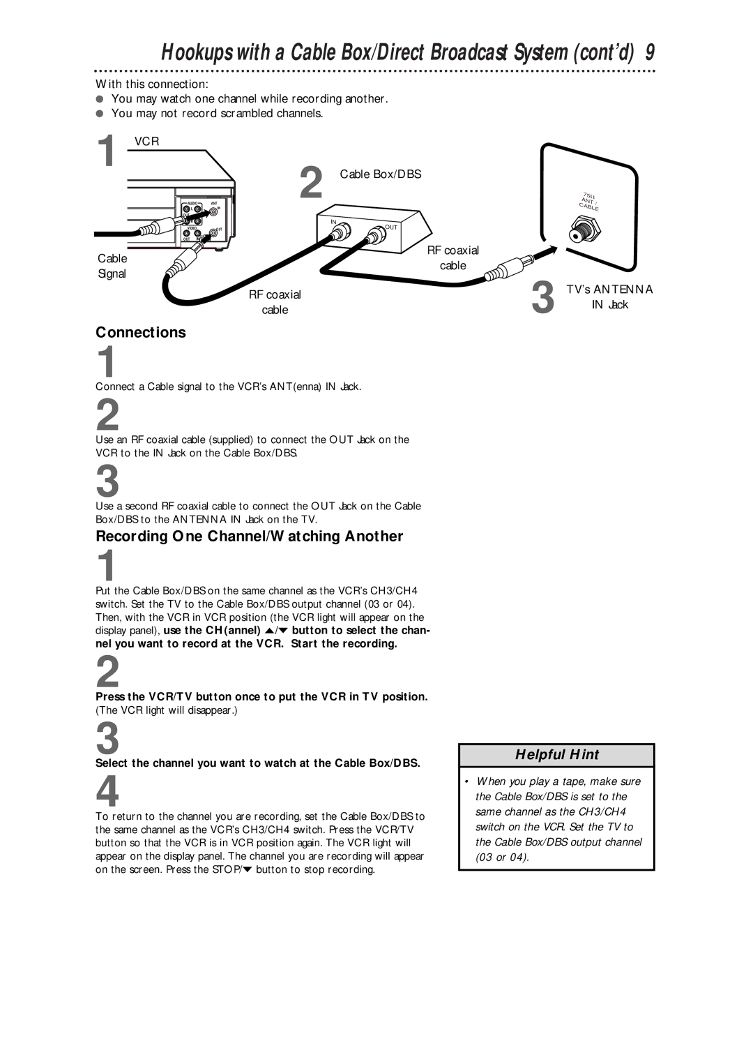 Philips VRB411AT warranty Hookups with a Cable Box/Direct Broadcast System cont’d, Recording One Channel/Watching Another 
