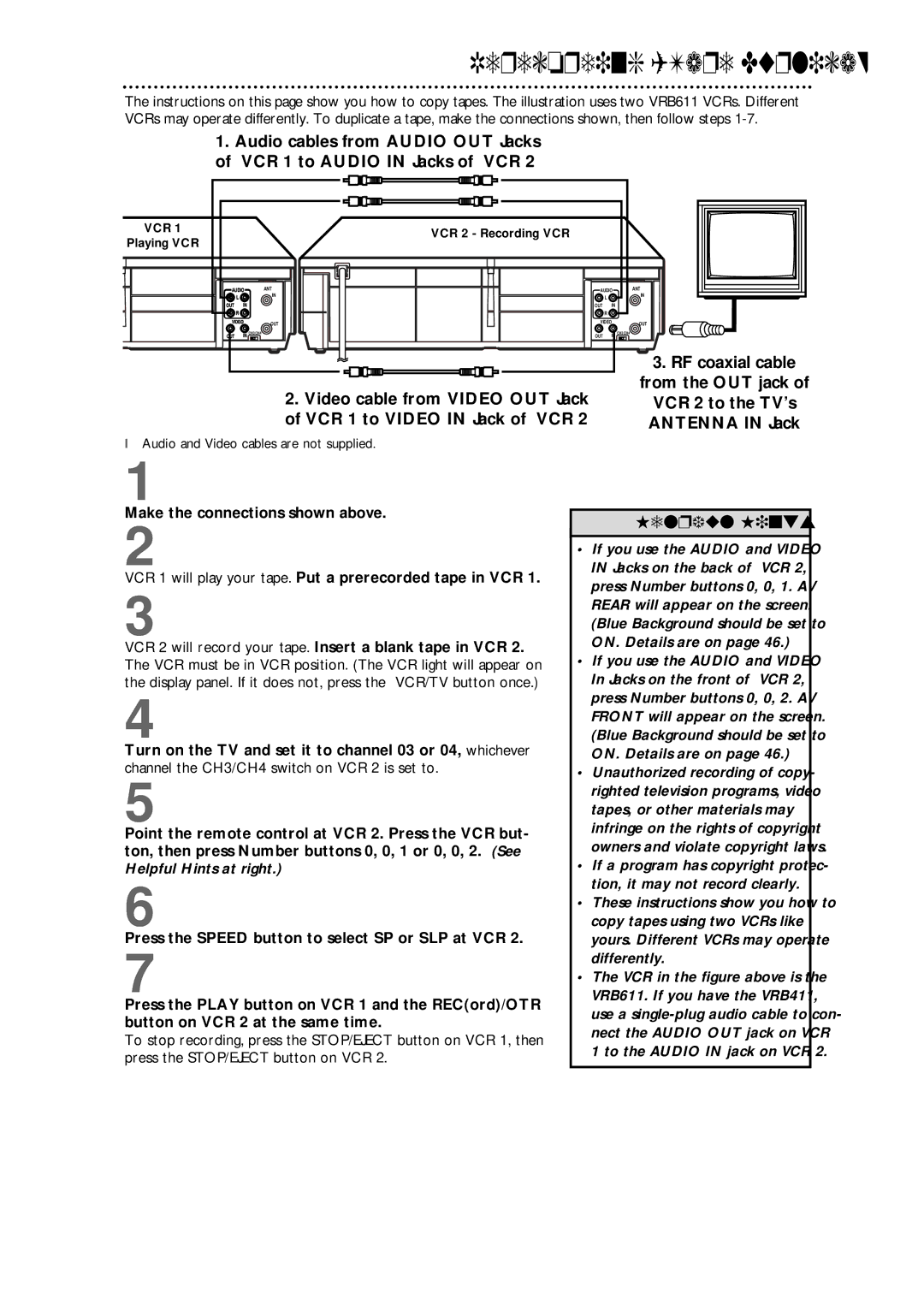 Philips VRB411AT warranty Rerecording Tape Duplication, VCR 1 to Video in Jack of VCR Antenna in Jack 