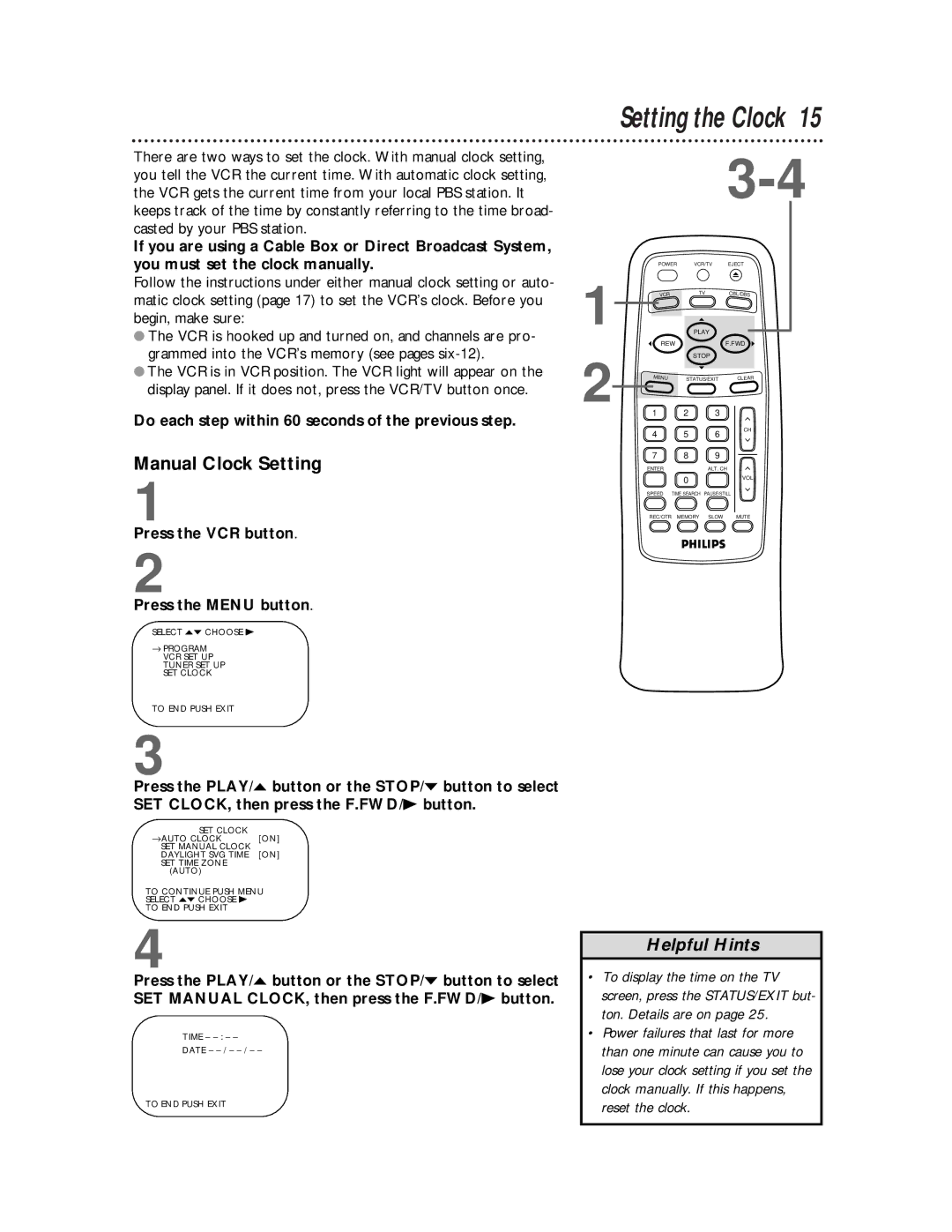 Philips VRB412AT, VRB612AT Setting the Clock, Manual Clock Setting, Do each step within 60 seconds of the previous step 