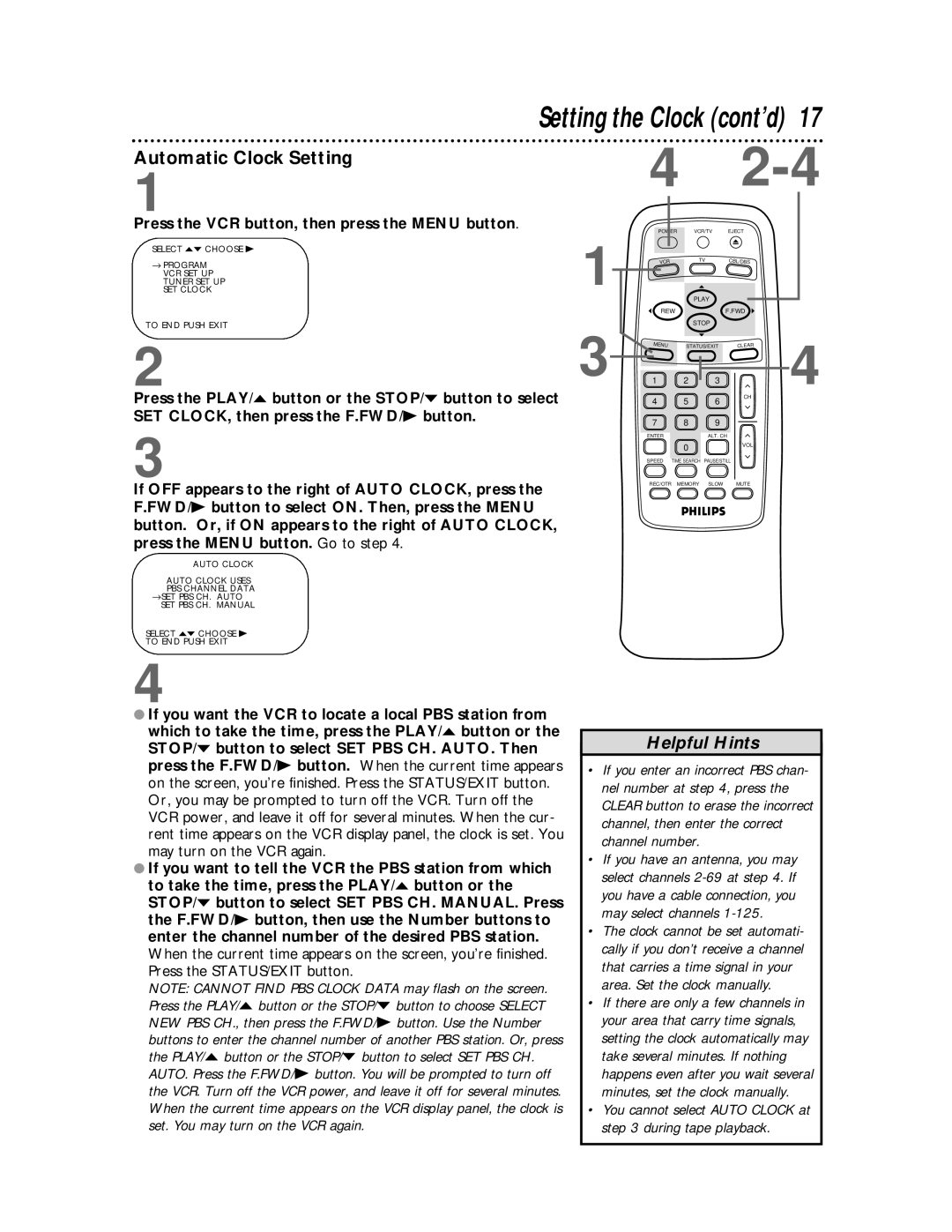 Philips VRB412AT, VRB612AT owner manual Automatic Clock Setting, Press the VCR button, then press the Menu button 