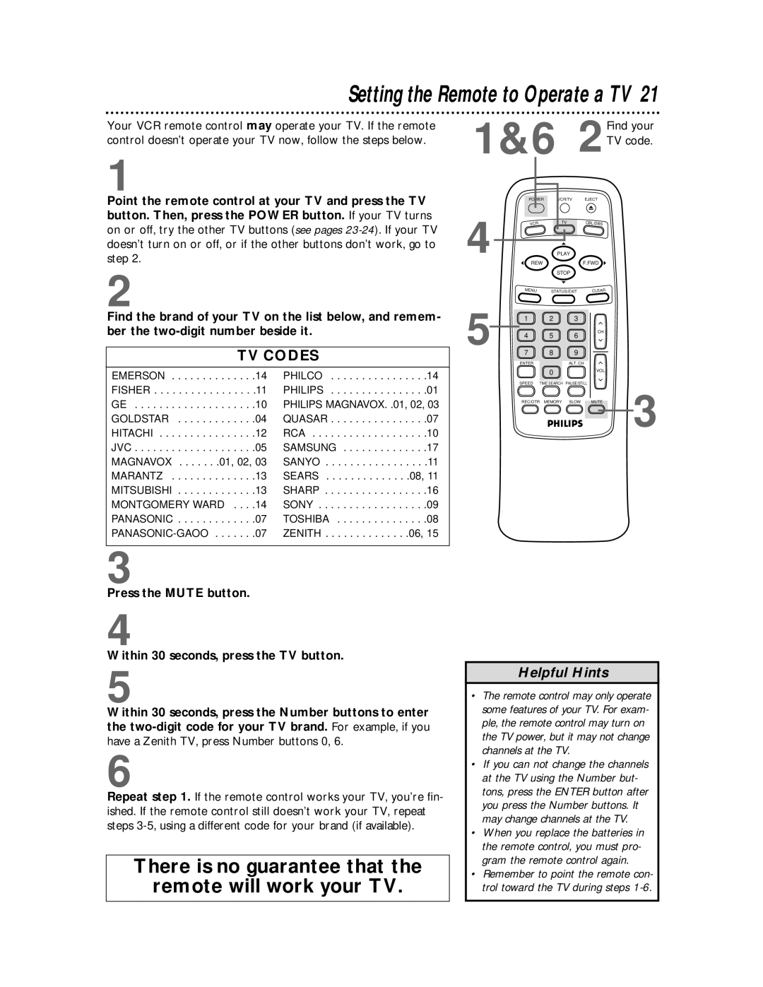 Philips VRB412AT, VRB612AT owner manual Setting the Remote to Operate a TV, TV Codes 