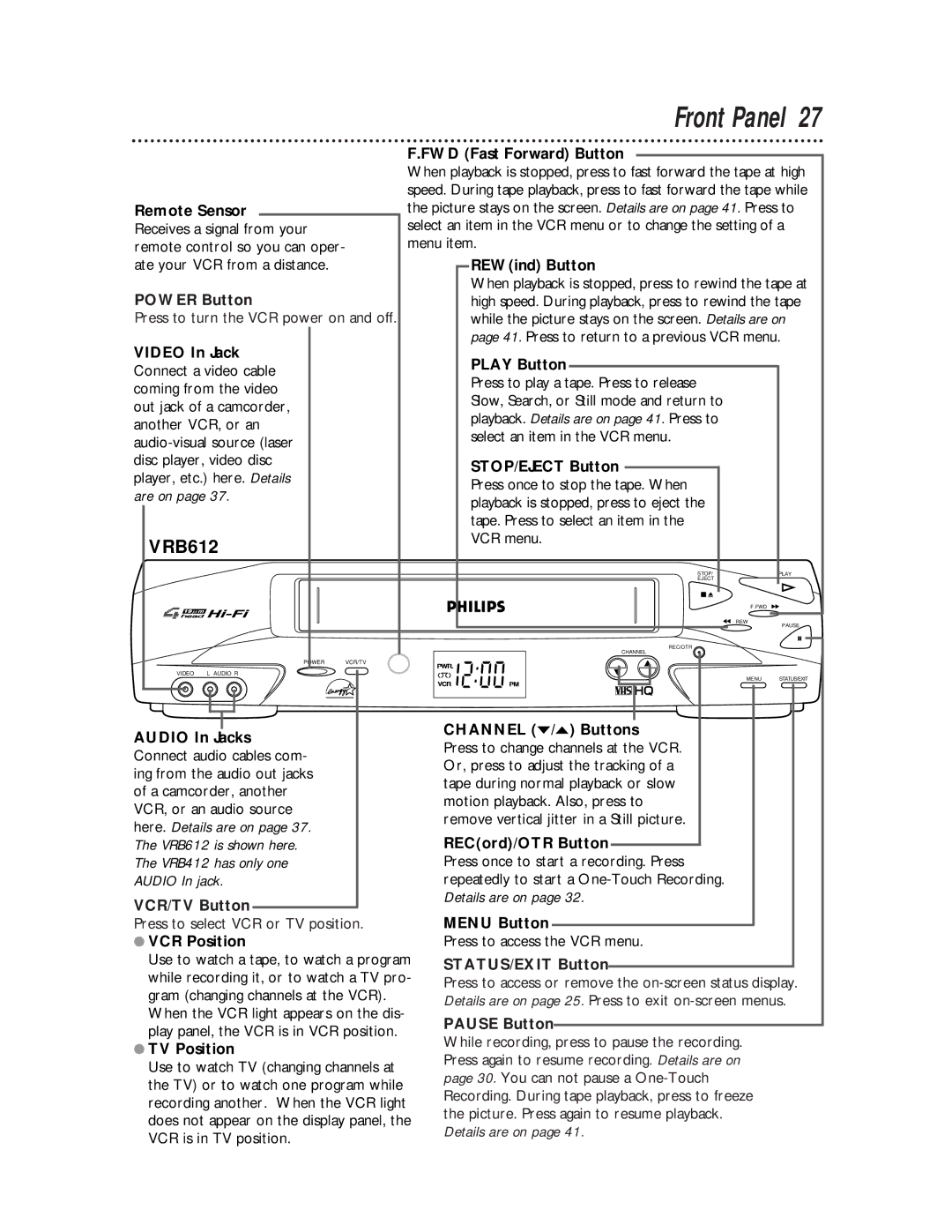 Philips VRB412AT, VRB612AT owner manual Front Panel 