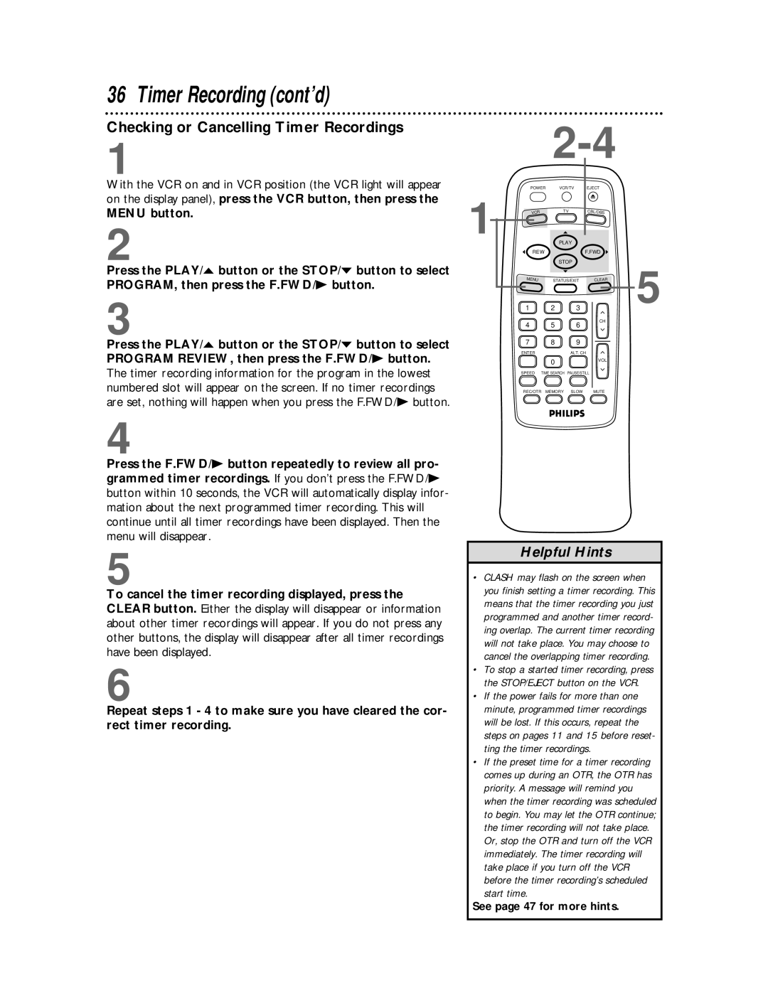 Philips VRB612AT, VRB412AT owner manual Checking or Cancelling Timer Recordings 