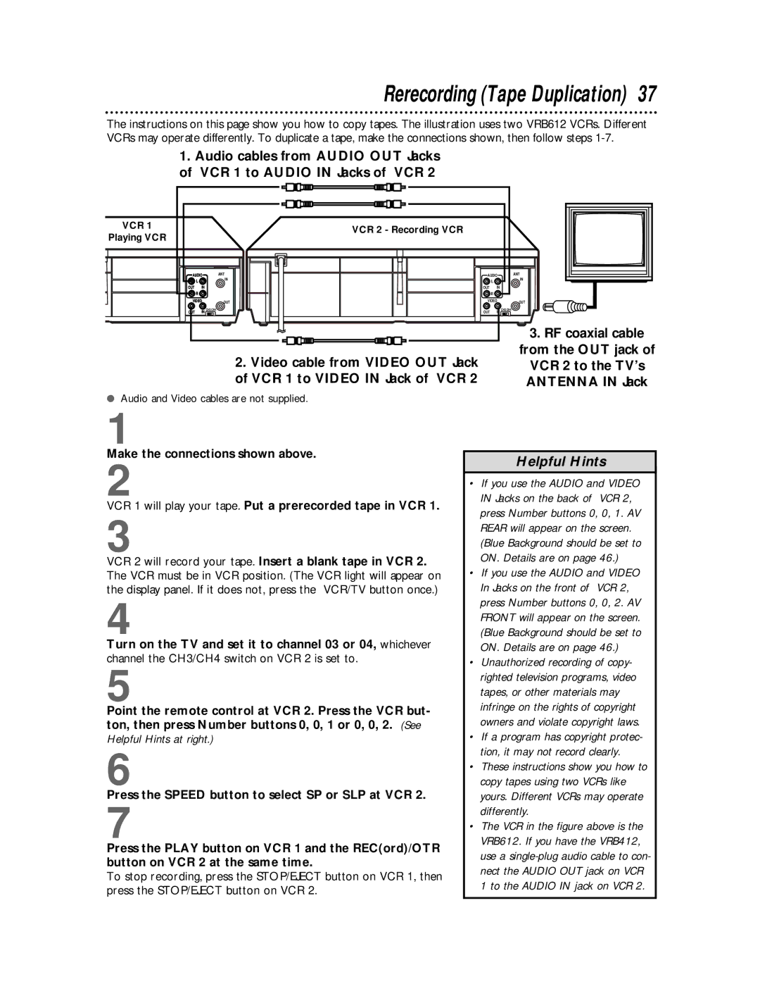 Philips VRB412AT, VRB612AT owner manual Rerecording Tape Duplication, RF coaxial cable 