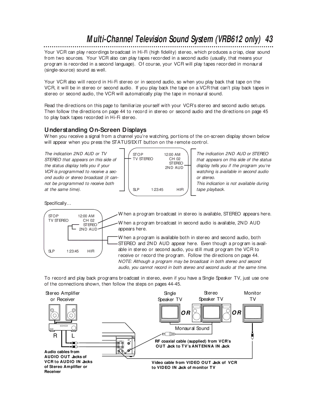 Philips VRB412AT, VRB612AT owner manual Multi-Channel Television Sound System VRB612 only, Understanding On-Screen Displays 