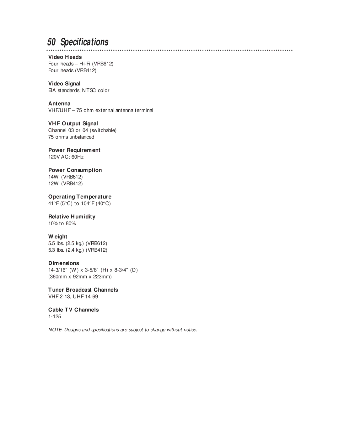 Philips VRB612AT, VRB412AT owner manual Specifications 