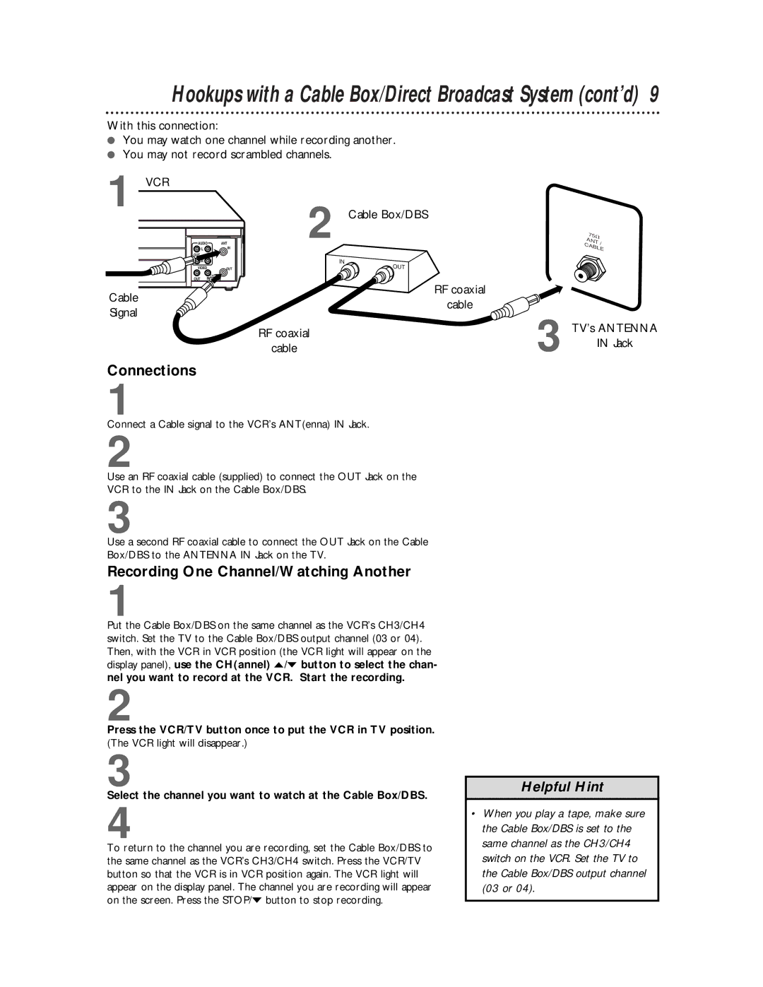 Philips VRB412AT, VRB612AT Hookups with a Cable Box/Direct Broadcast System cont’d, Recording One Channel/Watching Another 
