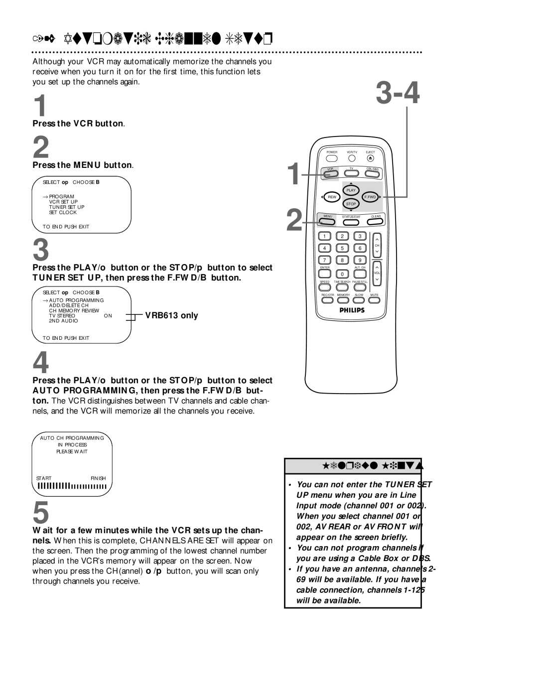 Philips VRB613AT, VRB413AT owner manual Automatic Channel Setup, Press the VCR button Press the Menu button, VRB613 only 