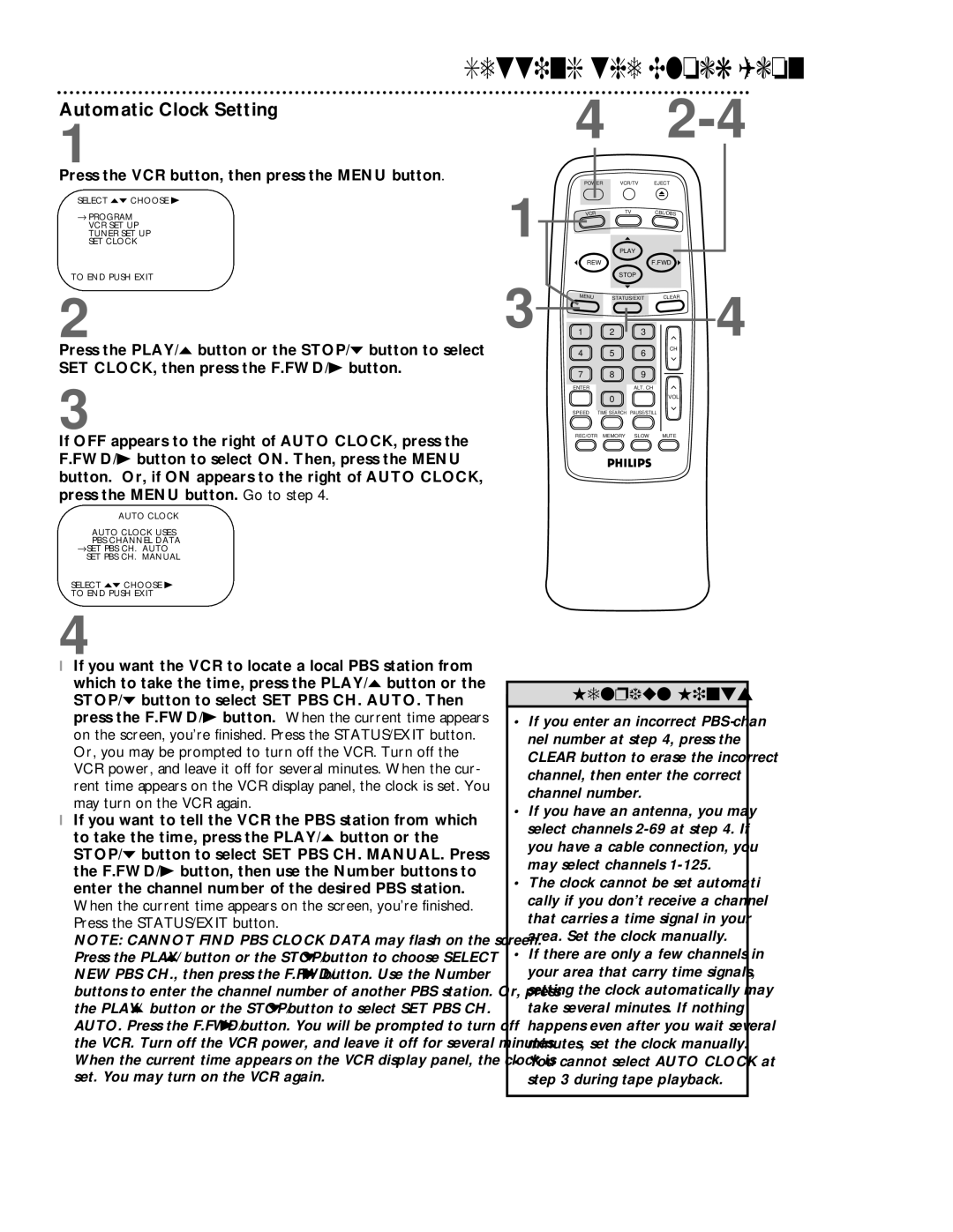 Philips VRB413AT, VRB613AT owner manual Automatic Clock Setting, Press the VCR button, then press the Menu button 