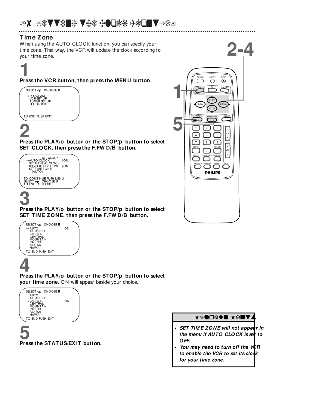 Philips VRB613AT, VRB413AT owner manual Time Zone, Press the STATUS/EXIT button 