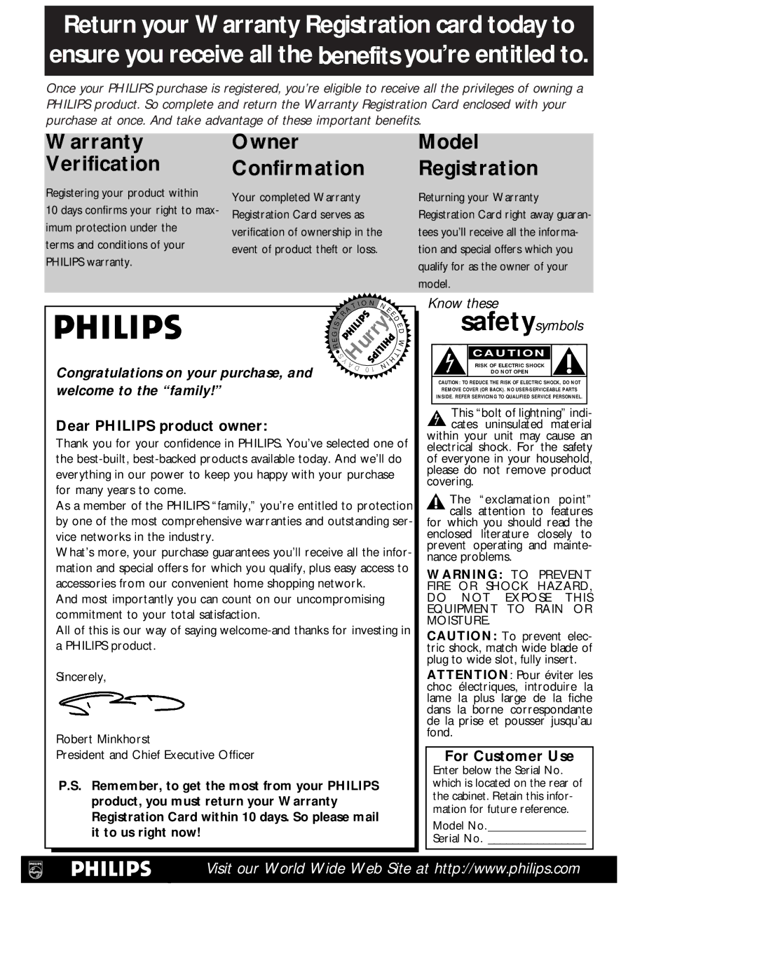 Philips VRB613AT Dear Philips product owner, For Customer Use, This bolt of lightning indi- cates uninsulated material 